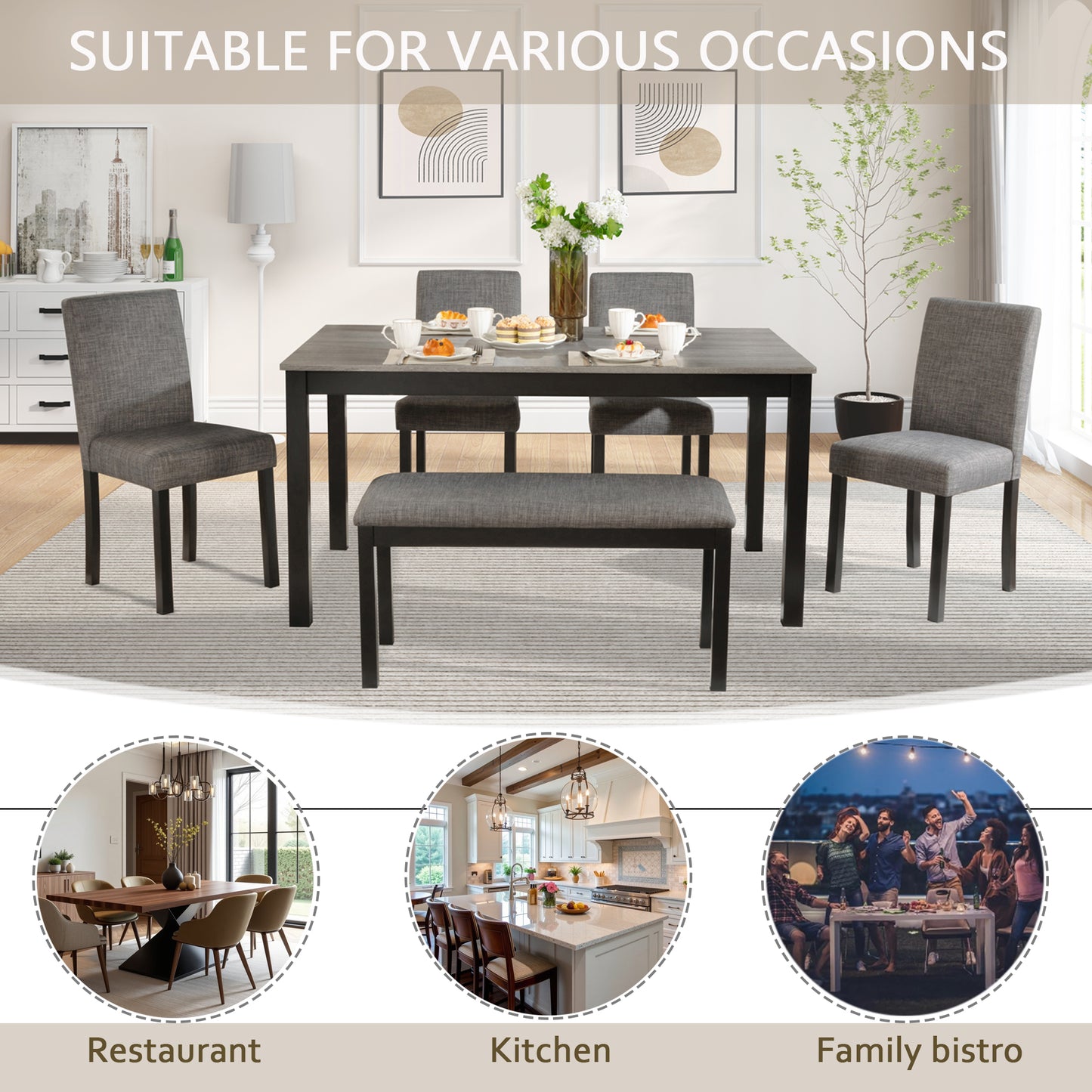 6-Piece Dining Table Set with Bench and Chairs, Dining Table Set for 6 with Bench, Wooden Dining Table Set for Kitchen, Dining Room, Light Grey & Black Two Tone image 4