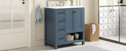 30" Bathroom Vanity with Sink Top, Bathroom Vanity Cabinet with Two Doors and Two Drawers, Solid Wood, Open shelf, MDF Boards, One Package, Blue Gray image 2