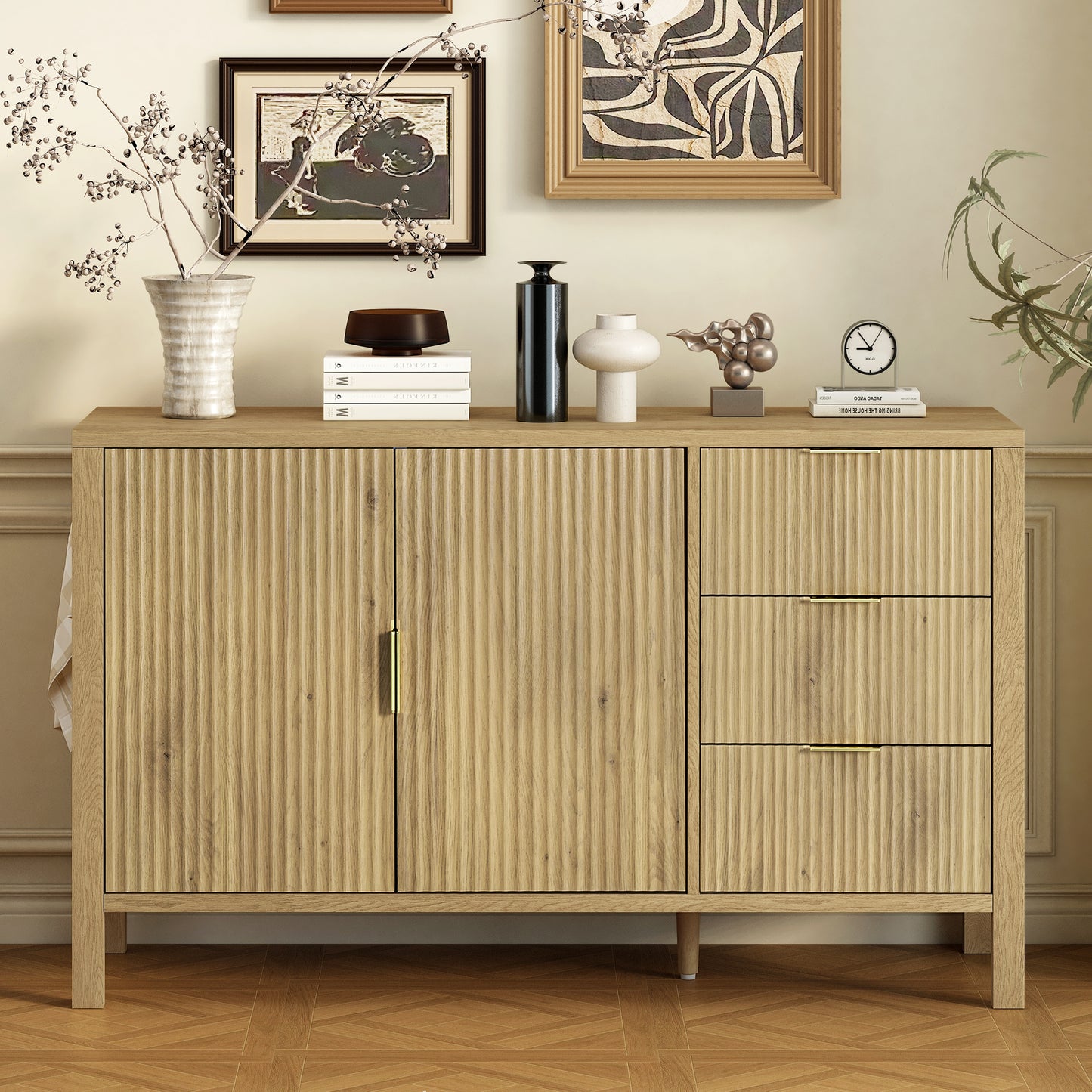 U-Style Modern Wave-Pattern Sideboard with 3 Drawers, Large Storage Buffet Cabinet with Hooks and Extra Center Leg,Suitable for Living Room,Entryway,Hallway. image 1