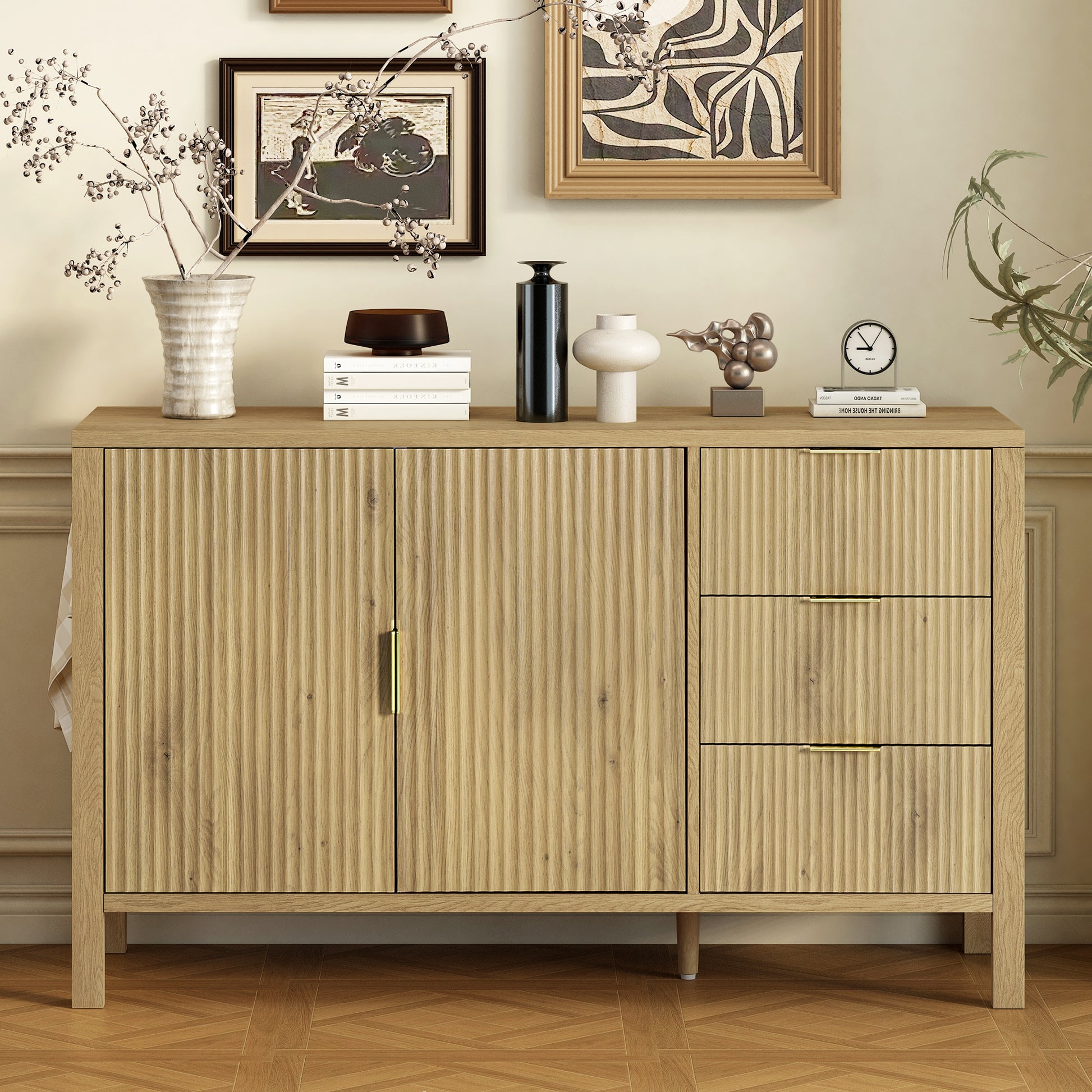 U-Style Modern Wave-Pattern Sideboard with 3 Drawers, Large Storage Buffet Cabinet with Hooks and Extra Center Leg,Suitable for Living Room,Entryway,Hallway. image 1