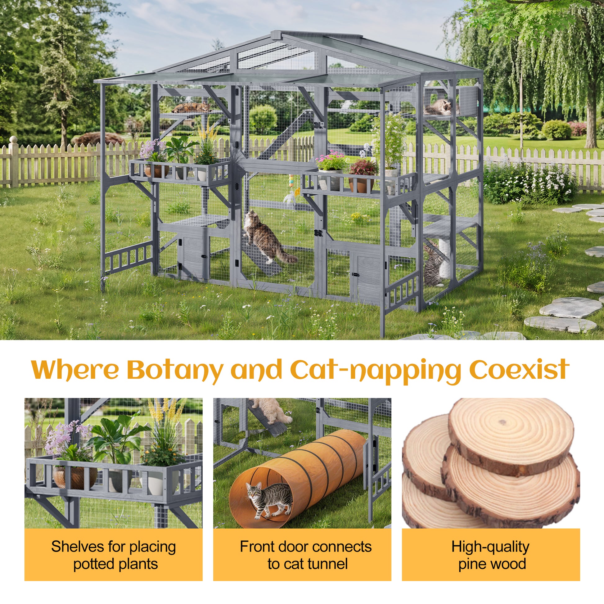 Large Outdoor Catio for 6-10 Cats, Pine Wood Cat Cage Outdoor with Weatherproof Roof, 6 Platforms, Climbing Ramp, 1 Resting Box and Cat Scratching Post, Outdoor Cat House with Storage Shelves, Grey image 5