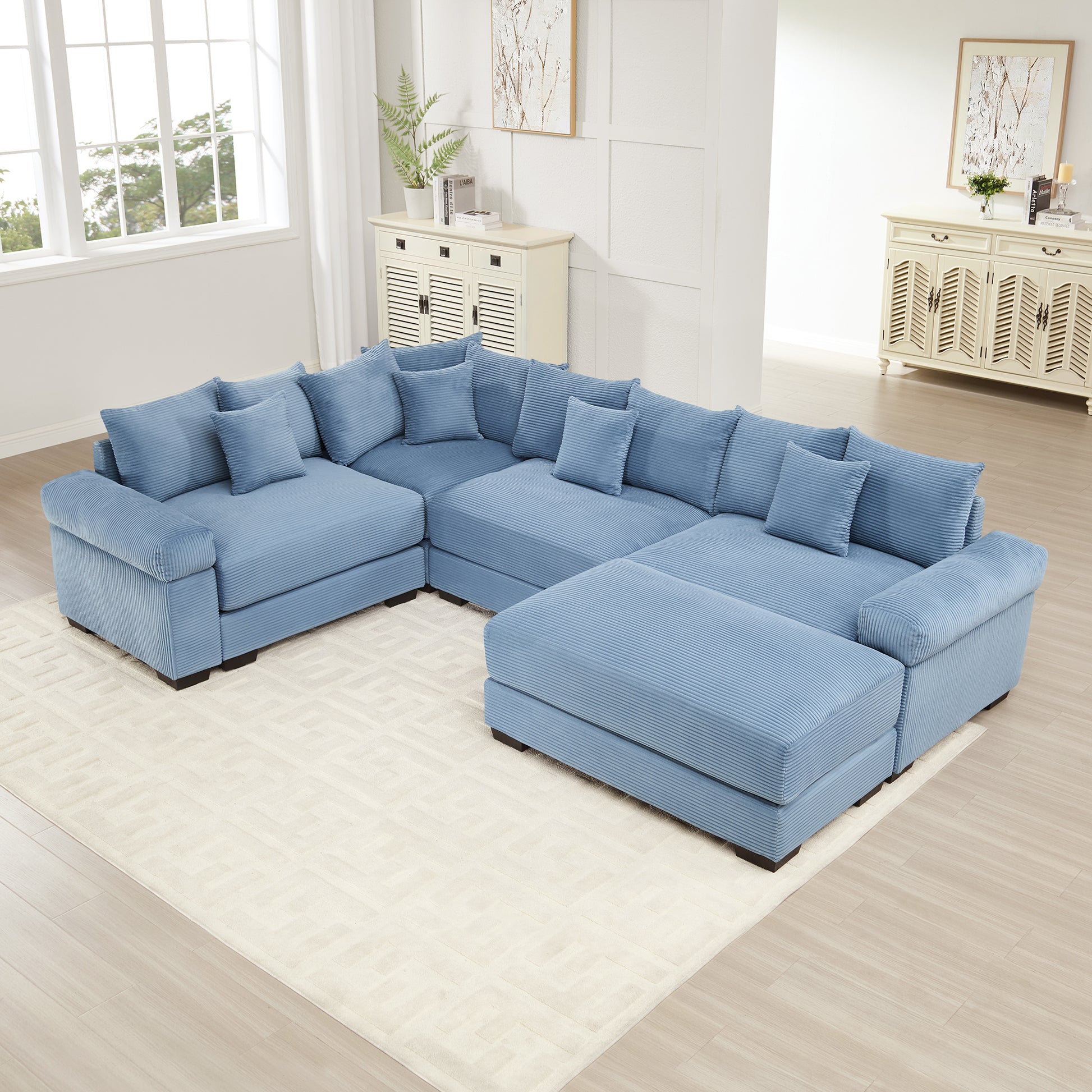 Oversized Cloud Modular Sectional Couch, Convertible Sectional Couches,Extra-Thick Armrests With An Ottoman,Premium Corduroy Fabric,Ergonomic Design, Easy Assembly,For Living Rooms bedroom,Blue image 1
