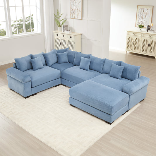 Oversized Cloud Modular Sectional Couch, Convertible Sectional Couches,Extra-Thick Armrests With An Ottoman,Premium Corduroy Fabric,Ergonomic Design, Easy Assembly,For Living Rooms bedroom,Blue image 1