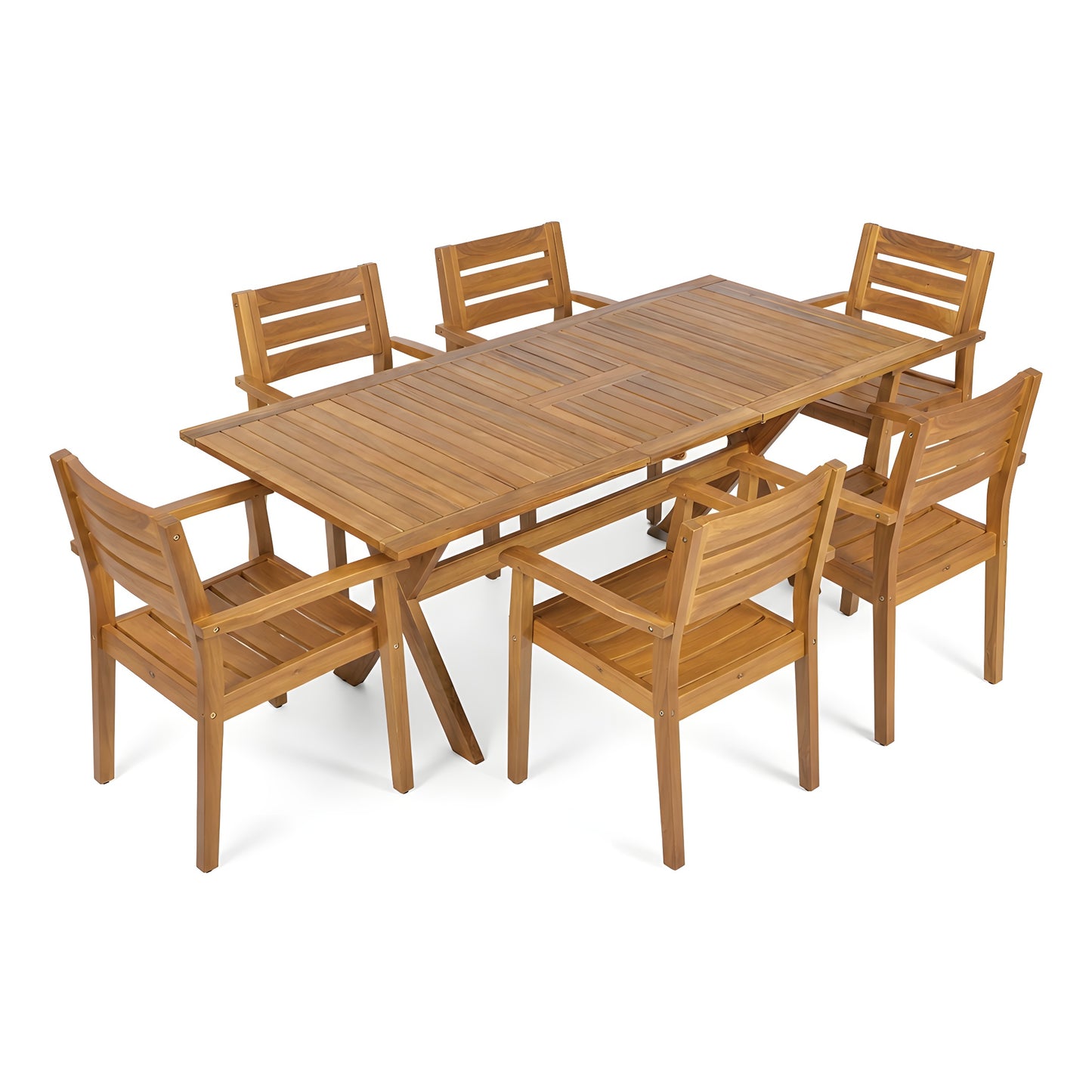 7 Pieces Acacia Wood Outdoor Dining Set s,Modern 6 Chairs 1 Large Table,Dining Furniture Set for Lawn, Backyard, Garden Deck,Poolside,Teak image 2