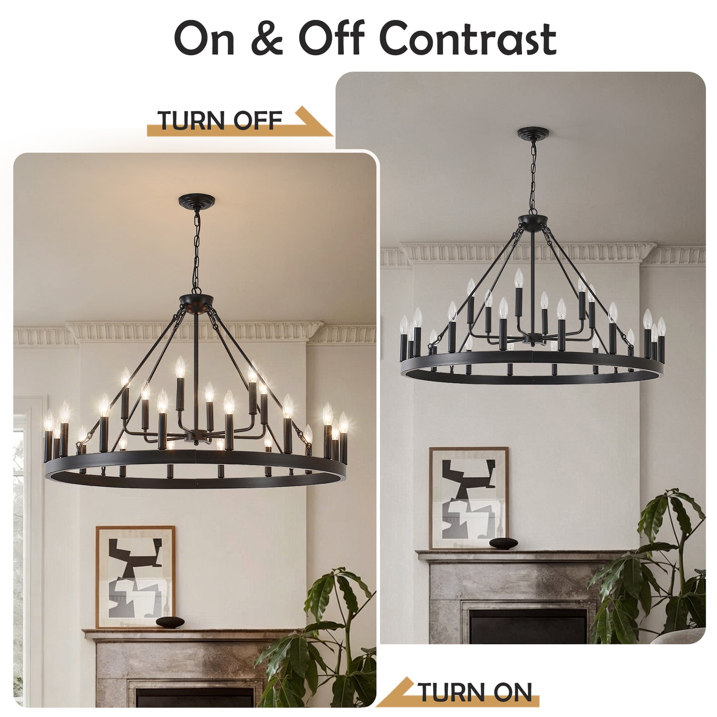 40'' 2 Tier Wagon Wheel Chandelier 16+6)22-Lights Farmhouse Industrial Country Style Round Pendant Light Fixture for Outdoor Porch high Ceilings Living Dining Room Foyer Entryway-BLACK image 7