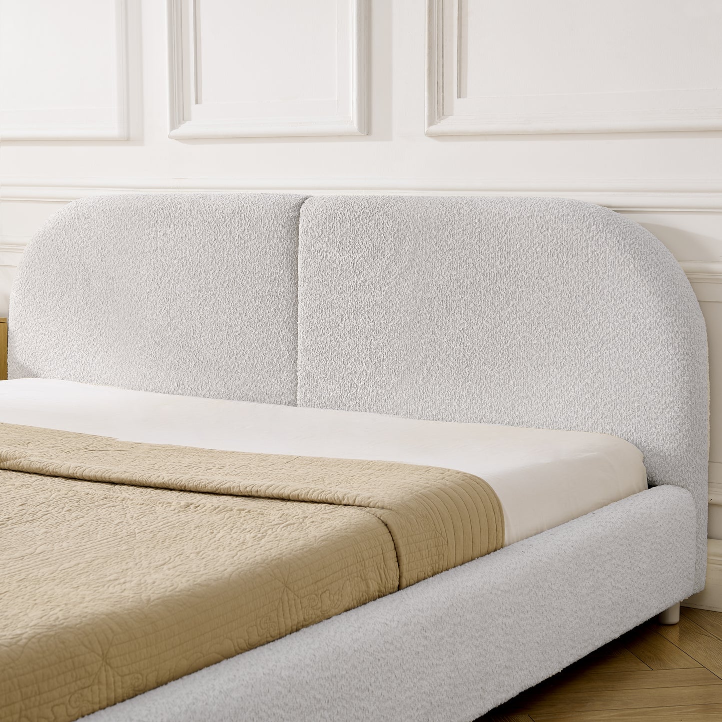 Queen Size Upholstered Bed Frame, Modern Minimalist Style with Tall Curved Headboard, Premium Circle Yarn Fabric & Sturdy Leg Support, Mattress Not Included-Beige image 4