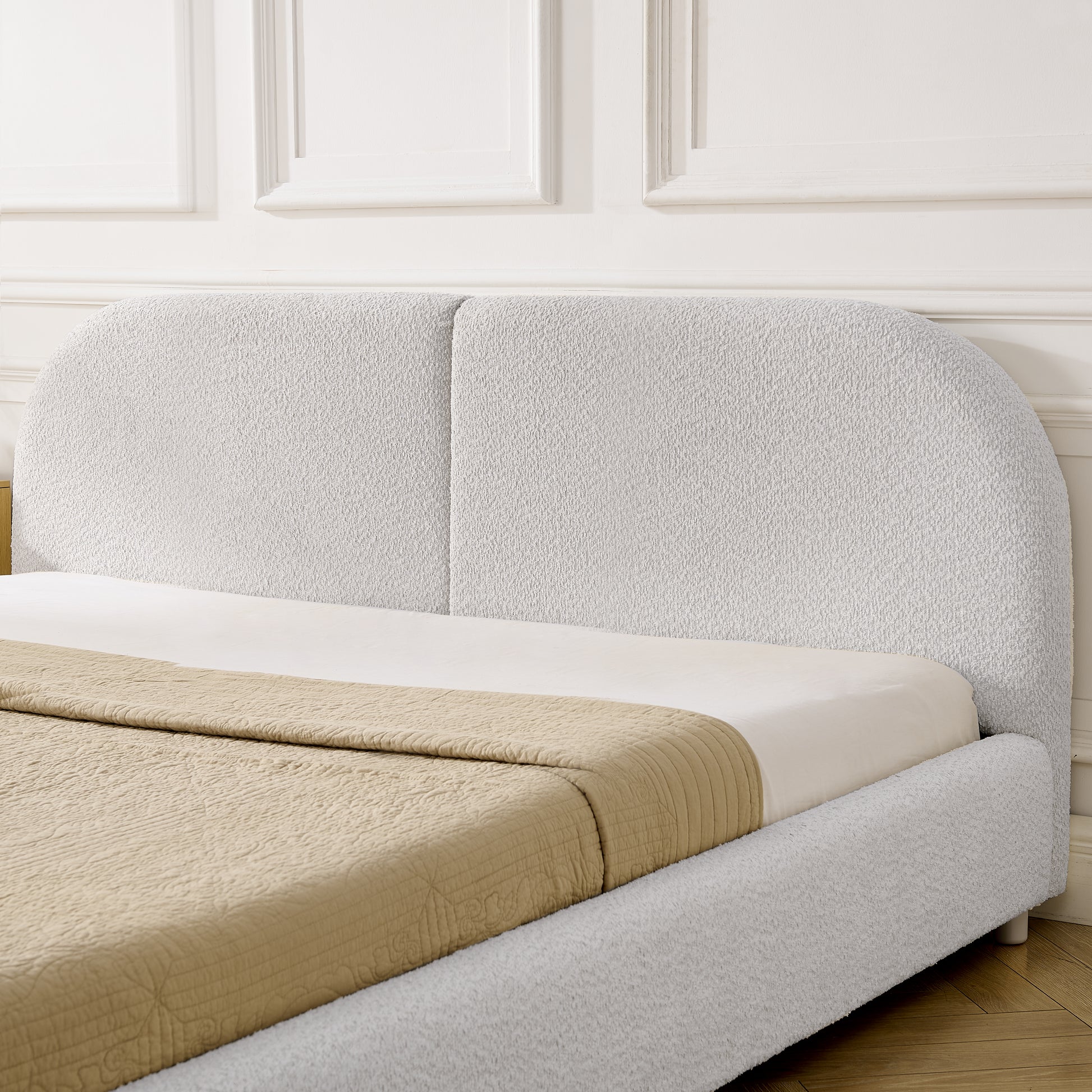 Queen Size Upholstered Bed Frame, Modern Minimalist Style with Tall Curved Headboard, Premium Circle Yarn Fabric & Sturdy Leg Support, Mattress Not Included-Beige image 4