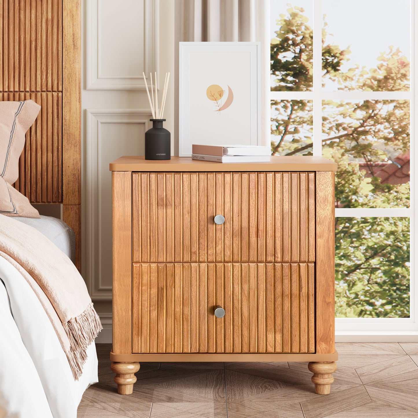 Fluted Nightstand, 21.65" Wide Side Table with 3 Drawers, Mid Century Modern Wood NightStand with Metal Handle, Wooden Bedside End Table for Bedroom, Living Room, Closet, Natural image 8
