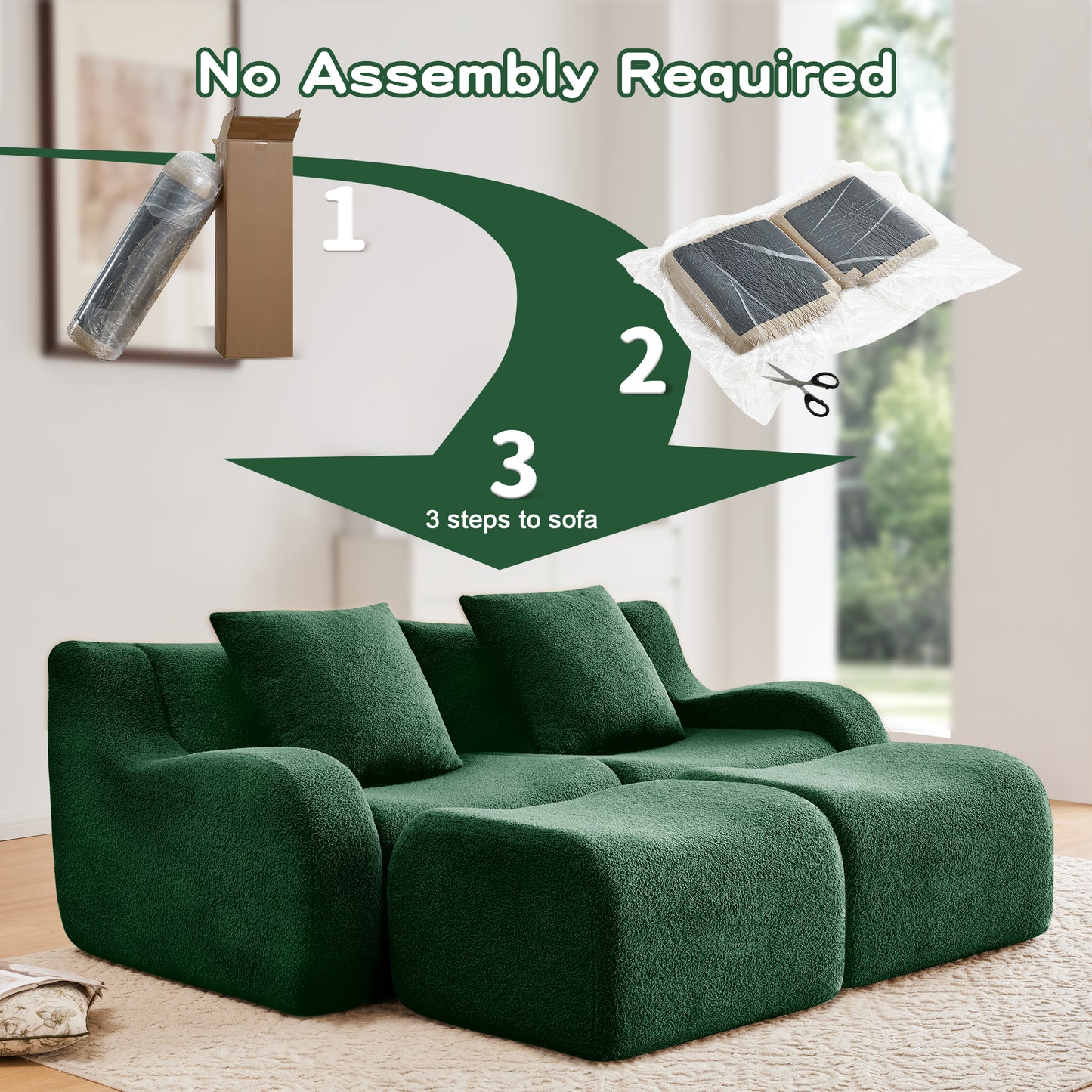Soft Teddy Fabric Boneless Sofa,Anti-Slip Design,Assembly Chaise Lounge Curved Armrests Ergonomic Support 32D High Density Sponge,For Living Rooms Bedrooms,Green image 11