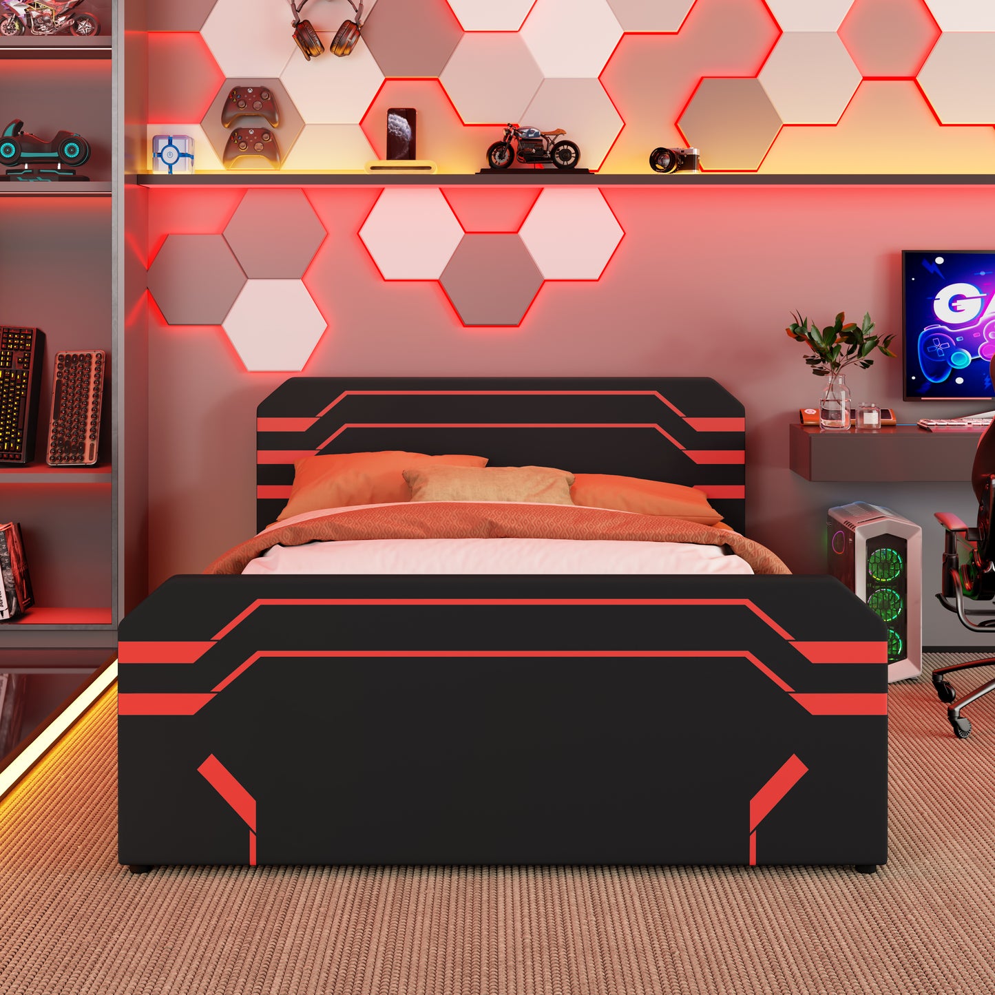 Queen Size Upholstered Gaming Bed with Side-Lift Hydraulic Storage System, Cyberpunk Style Platform Bed with Futuristic Pattern for Gamers & Gen Z, Black+Red image 3