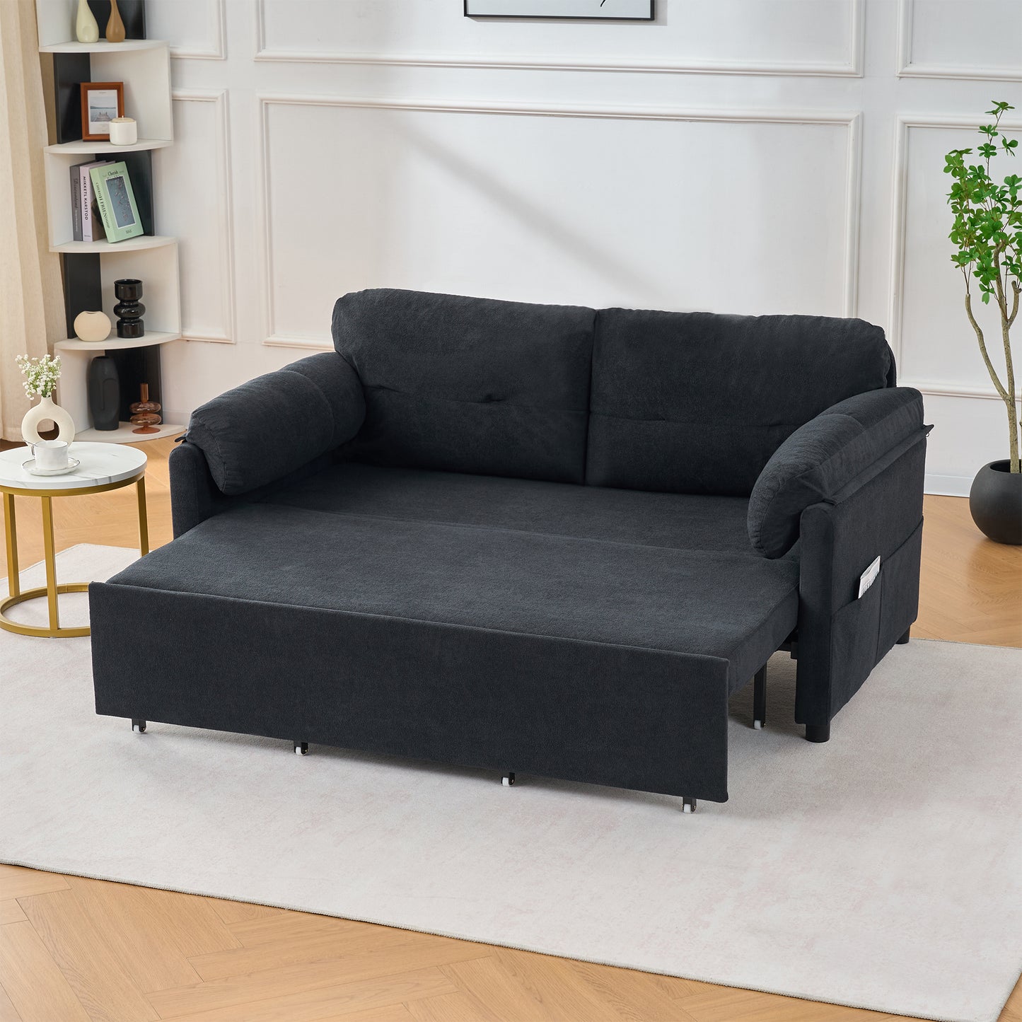 Convertible Pull Out Sofa Bed Queen Size, 3-in-1 Convertible Sleeper Couch with Thicked Cushions and Side Storage,Multi-Functional chenille Loveseat Sofa for Living Room,Bedroom,Apartment,Office,Black image 6