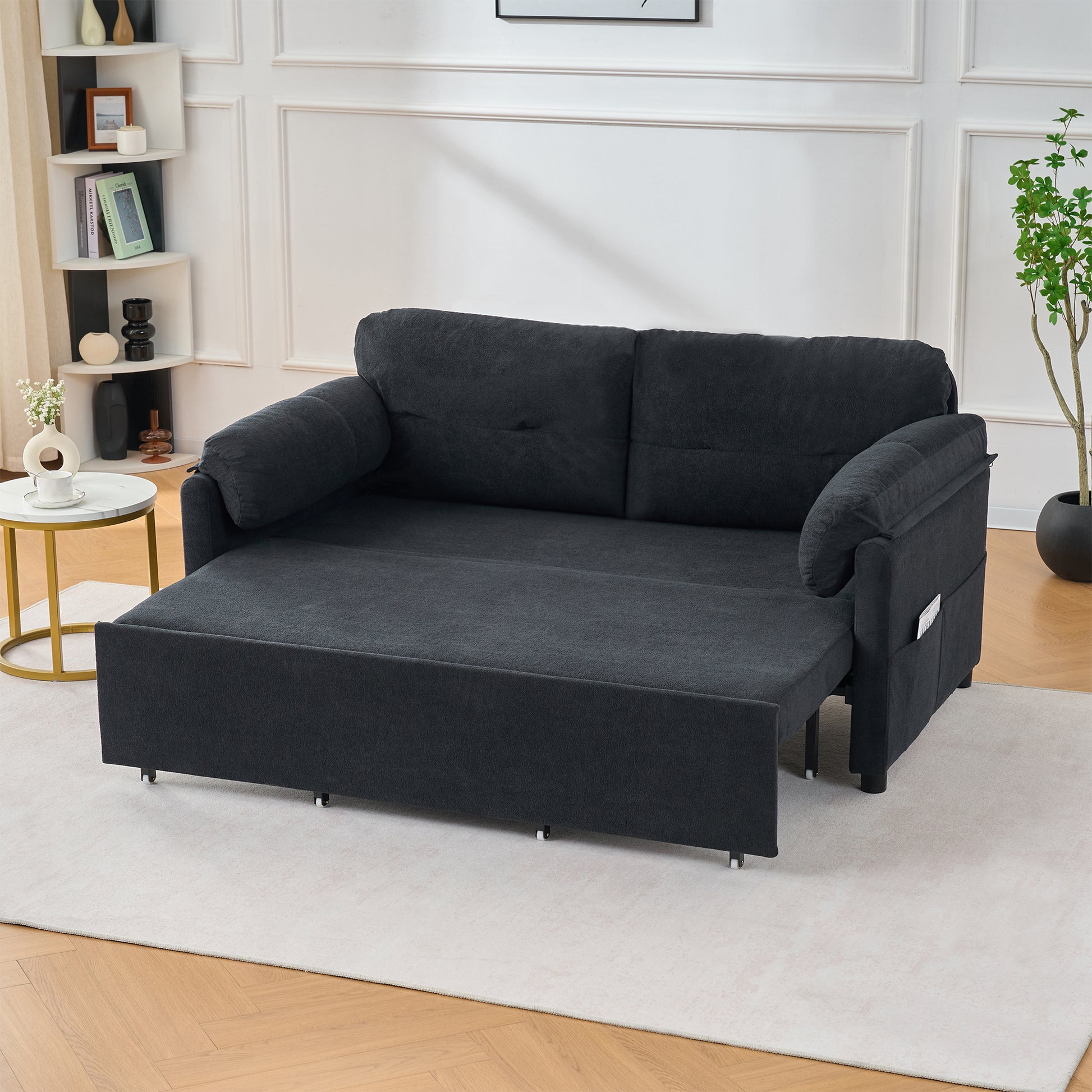 Convertible Pull Out Sofa Bed Queen Size, 3-in-1 Convertible Sleeper Couch with Thicked Cushions and Side Storage,Multi-Functional chenille Loveseat Sofa for Living Room,Bedroom,Apartment,Office,Black image 6