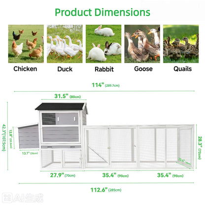 Gray Wooden Chicken Coop, Large Outdoor Hen House with Run and Nesting Box Poultry Cage, Rabbit Hutch, Waterproof Anti-UV Panel for Backyard image 2