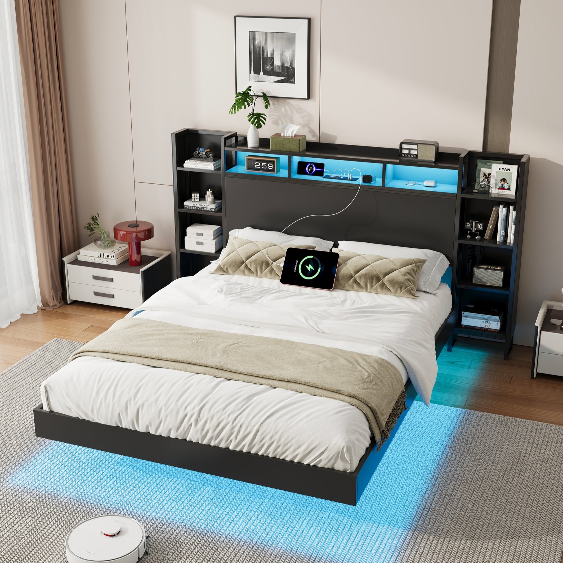 Queen Size Floating Bed Frame with USB Charging Station, Storage Headboard and with Led Light, Heavy Duty Metal Platform Bed Frame, No Box Spring Needed, Black image 2