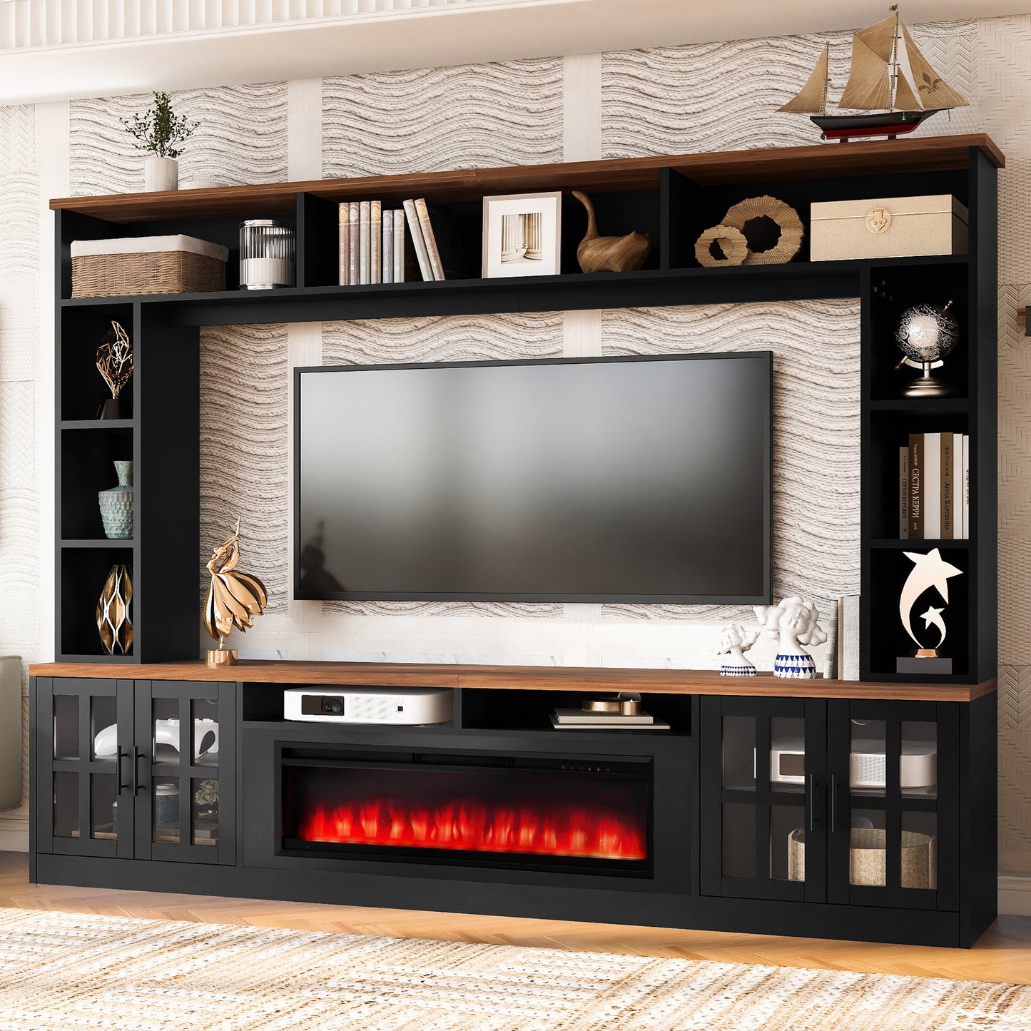 U-Can 95.5" W Wall Unit Entertainment Center with Bookshelves for TVs up to 80", Modern TV Stand Media Console with electric fireplace Cabinets, and Adjustable Shelves for Living Room image 1