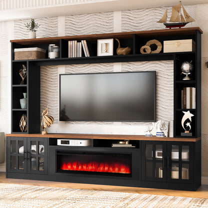 U-Can 95.5" W Wall Unit Entertainment Center with Bookshelves for TVs up to 80", Modern TV Stand Media Console with electric fireplace Cabinets, and Adjustable Shelves for Living Room image 1