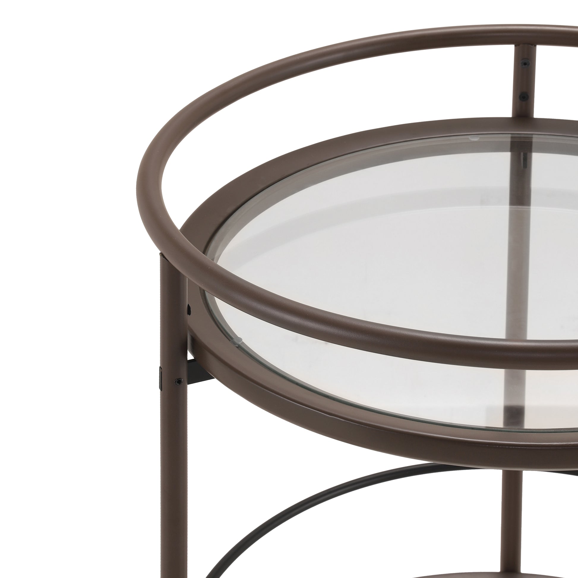 Modern Coffee Brown Round Bar Cart with Tempered Glass Shelves and Gold Locking Casters image 6