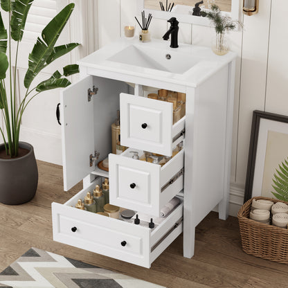 24 inch Bathroom Vanity with Sink, One Cabinet with Soft-closing Door, 3 Soft-closing Drawers, Retro Metal Handles, White image 3