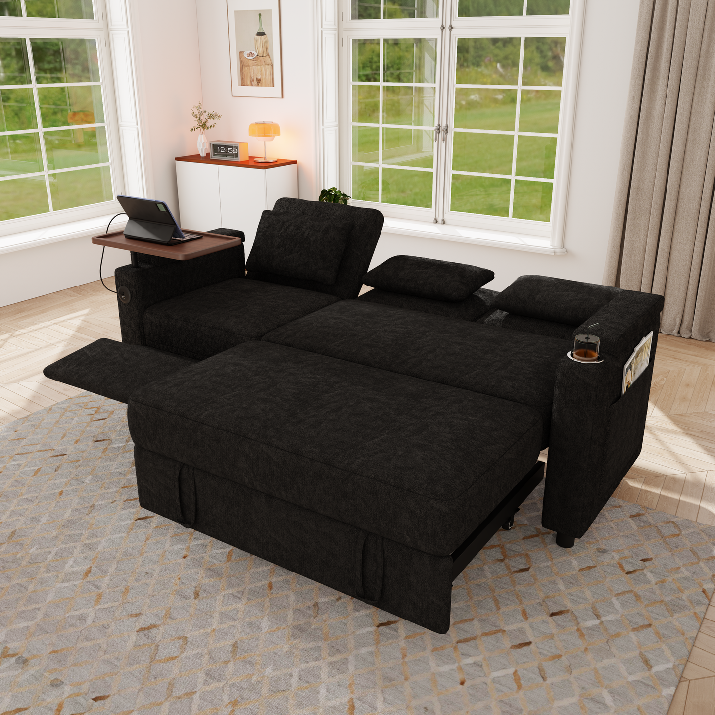 83-inch 3-in-1 foldable three-person sofa bed with a table board and USB ports, armrests with storage function. High-quality chenille three-person sofa. The sofa bed features adjustable backrest and p image 7