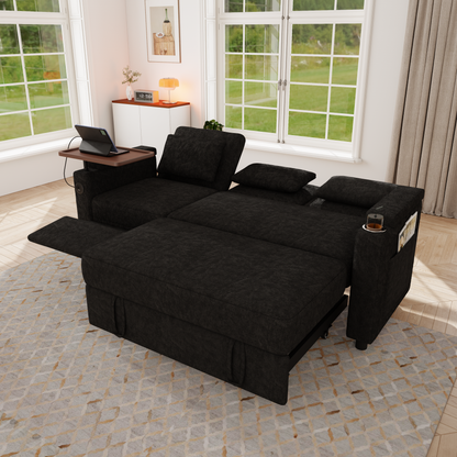 83-inch 3-in-1 foldable three-person sofa bed with a table board and USB ports, armrests with storage function. High-quality chenille three-person sofa. The sofa bed features adjustable backrest and p image 3