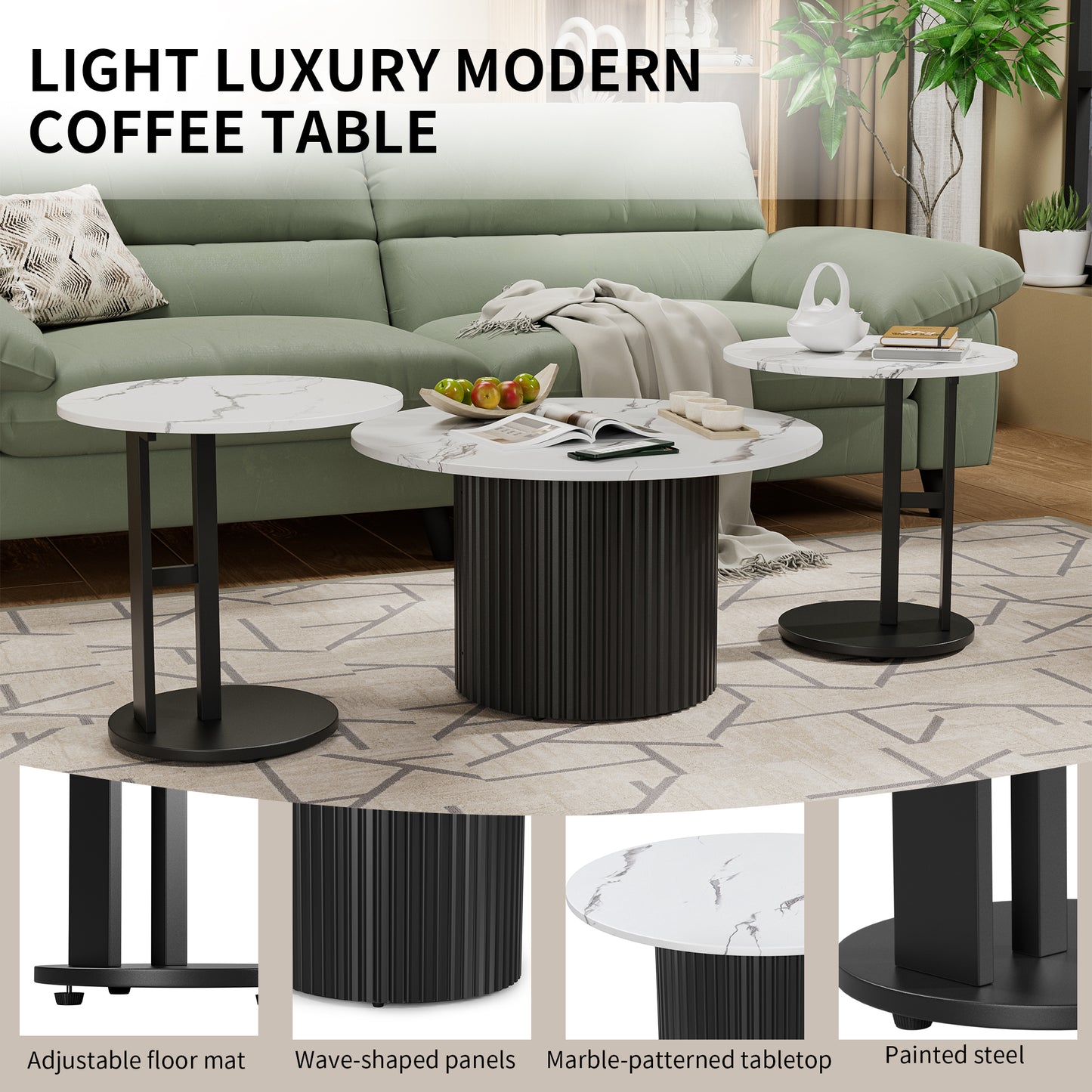 Coffee Table Set of 3, Modern Nesting Coffee Tables with Faux Marble Top and Metal Legs, Round Coffee & Side Tables with Ribbed Design for Living Room, Small Space Apartment image 11