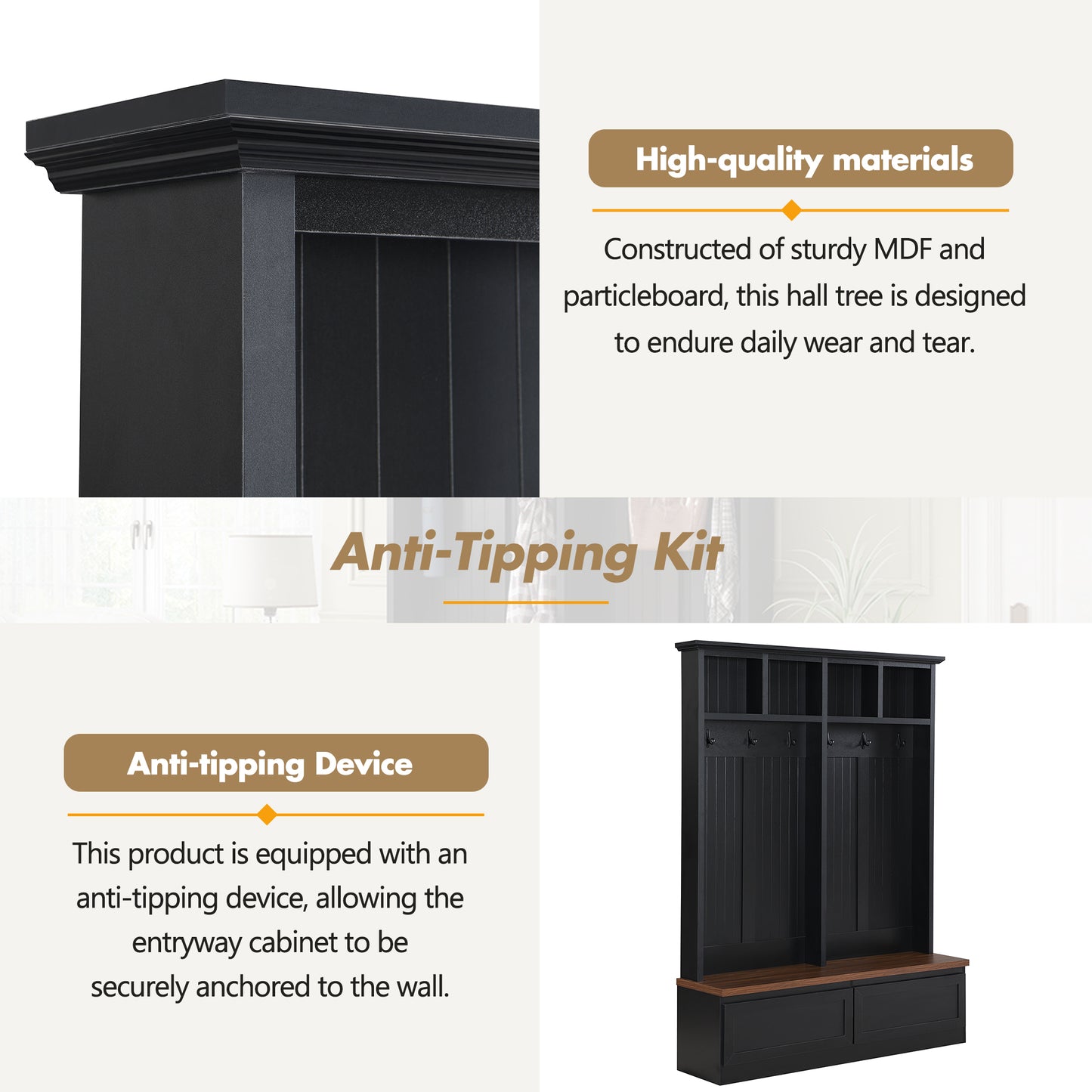 Farmhouse 4-in-1 Hall Tree with Wood Grain Bench, Mudroom Versatile Coat Rack with 2 Large Drawer, Entrance Organizer for Hallway, Living Room, Black, 55.9"W (OLD SKU: N721P313099B) image 7