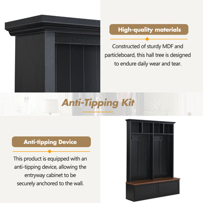 Farmhouse 4-in-1 Hall Tree with Wood Grain Bench, Mudroom Versatile Coat Rack with 2 Large Drawer, Entrance Organizer for Hallway, Living Room, Black, 55.9"W (OLD SKU: N721P313099B) image 7