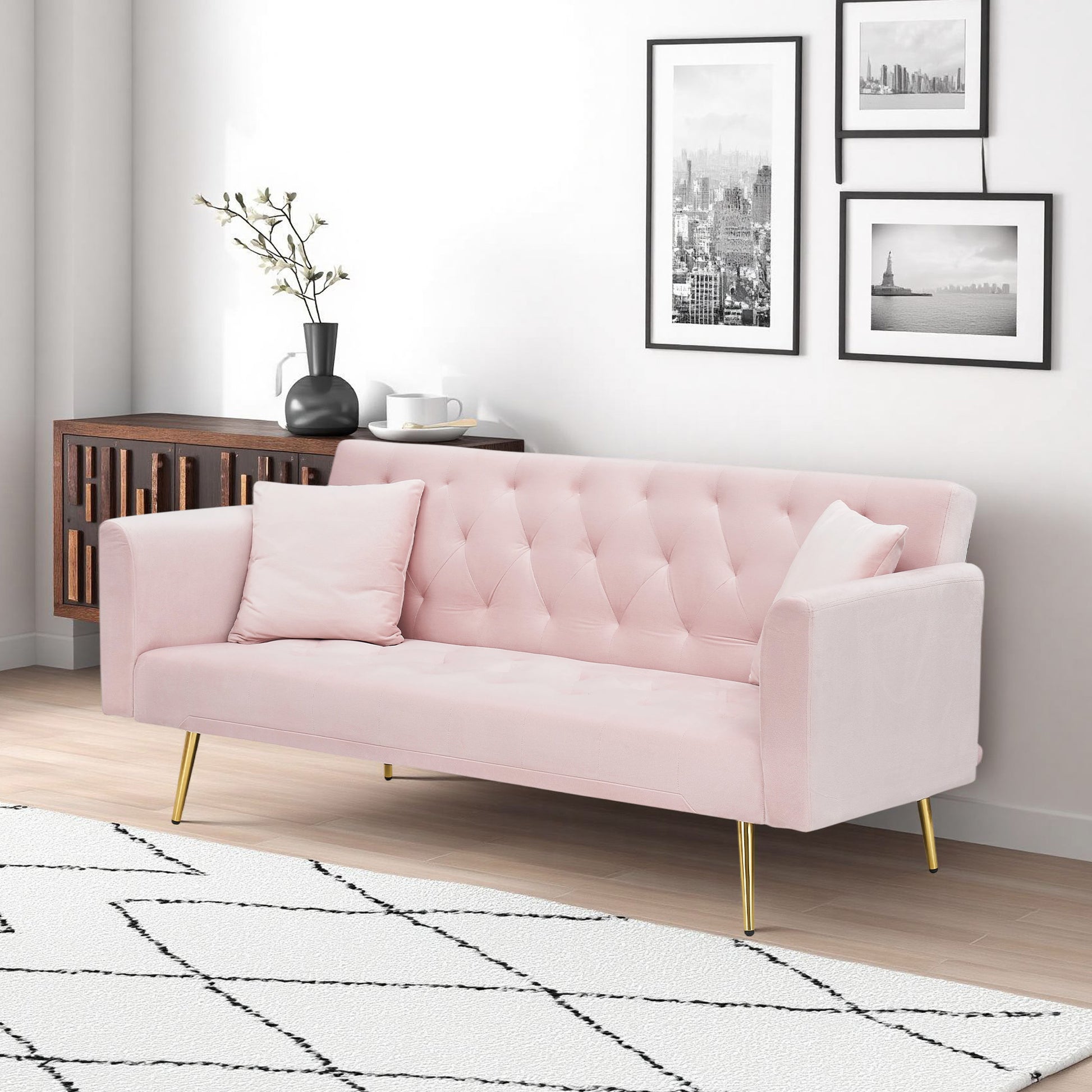 71 inch convertible love seat sofa, American retro pink velvet, suitable for small living room, bedroom, office image 4