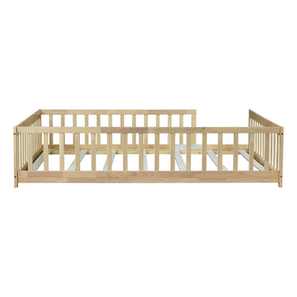 Full Size Floor Bed with Fence without Door,Rubber Wood Floor Bed with Safety Guardrails,Natural image 9