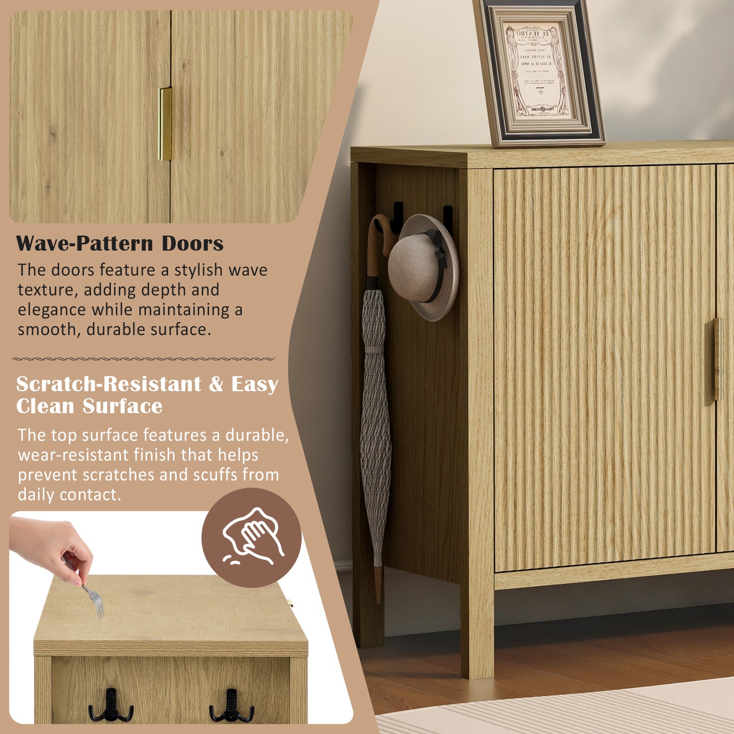 U-Style Modern Wave-Pattern Sideboard with 3 Drawers, Large Storage Buffet Cabinet with Hooks and Extra Center Leg,Suitable for Living Room,Entryway,Hallway. image 8