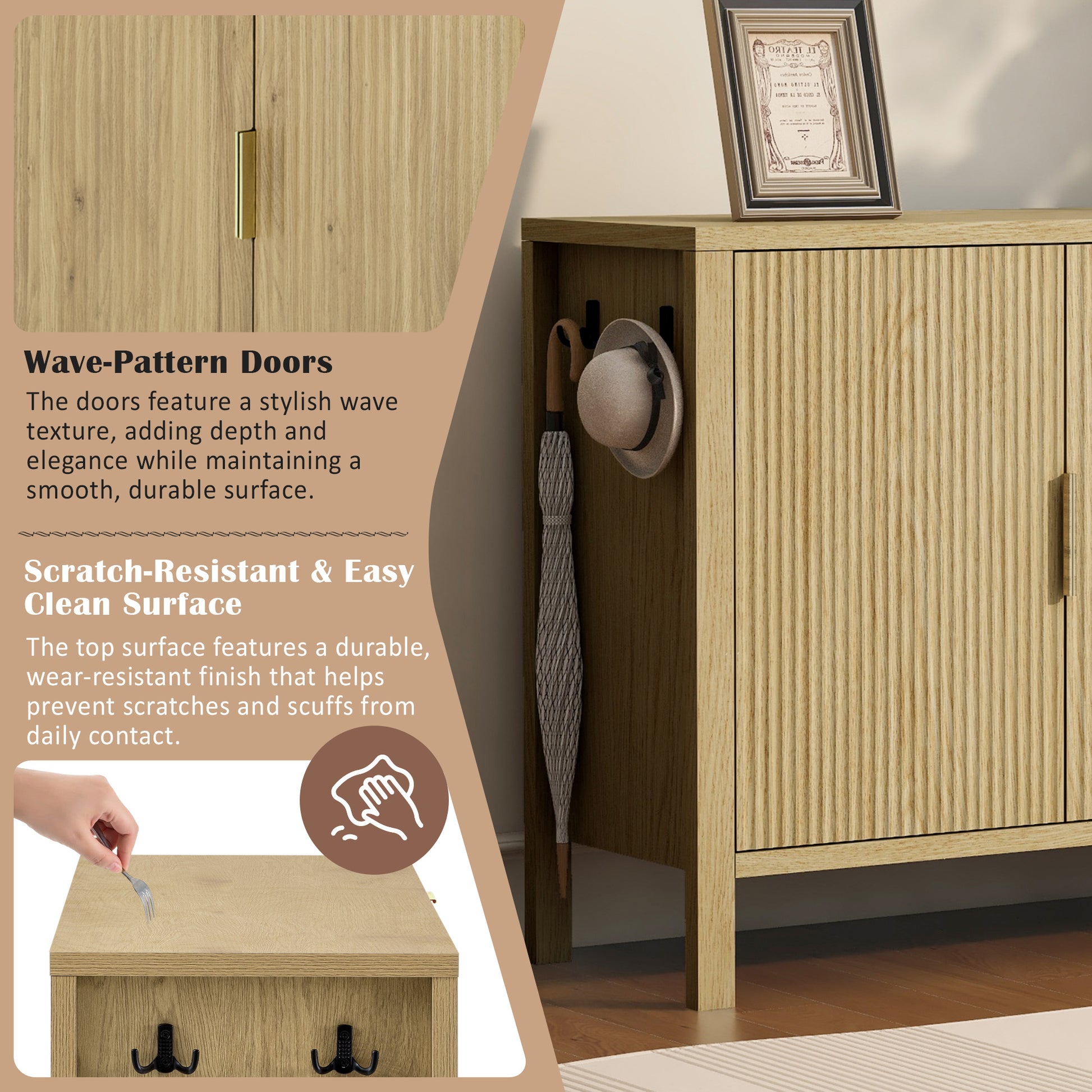 U-Style Modern Wave-Pattern Sideboard with 3 Drawers, Large Storage Buffet Cabinet with Hooks and Extra Center Leg,Suitable for Living Room,Entryway,Hallway. image 8