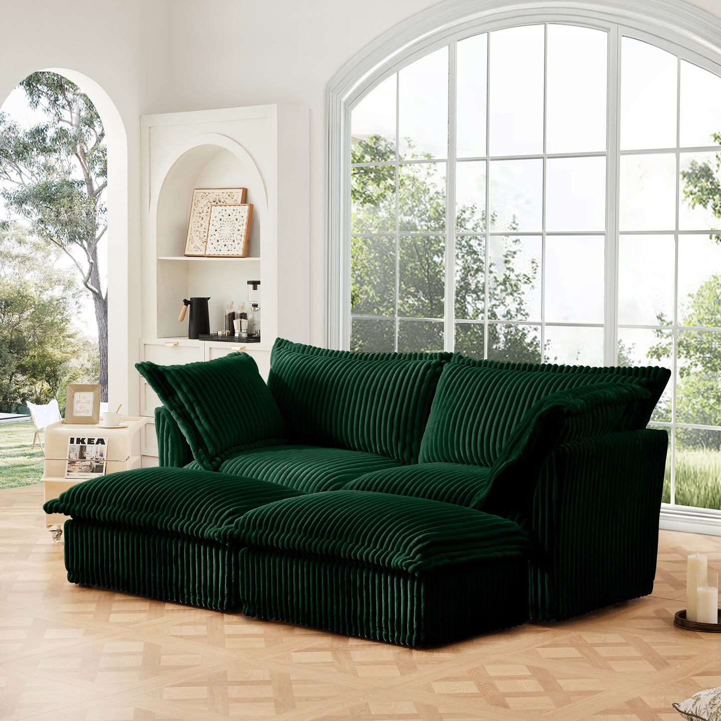 Slipcovered Sofa 2 Seater Sofa With 2 Ottomans, 2 Seater Sleeper Sofa Bed Home Theater Oversized Sofa For Living Room, Corduroy, Green image 3