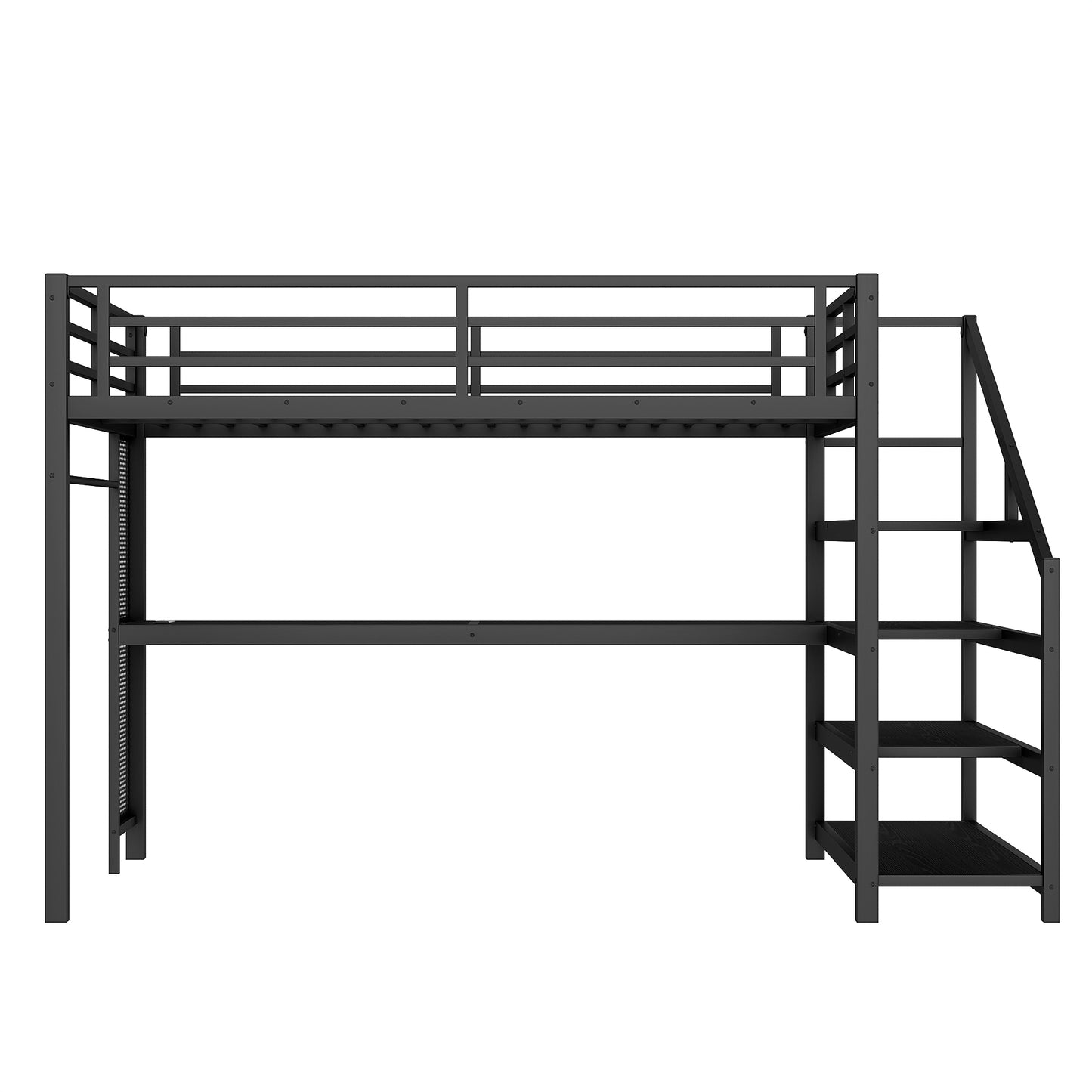 Queen Loft Bed with Desk and Storage Stairs, Metal Loft Beds with LED Lights, USB Ports, Multifunctional Iron Nets, No Spring Box Needed and Noise-free, Black image 6