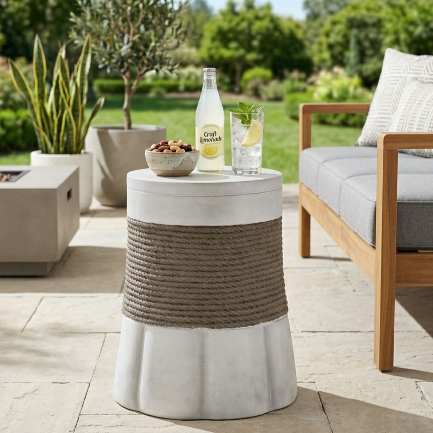 Outdoor Light Gray & Brown Retro Woven Rope & Fan-Base MGO Side Table – End Table for Home, Office, Living Room & Outdoor image 1