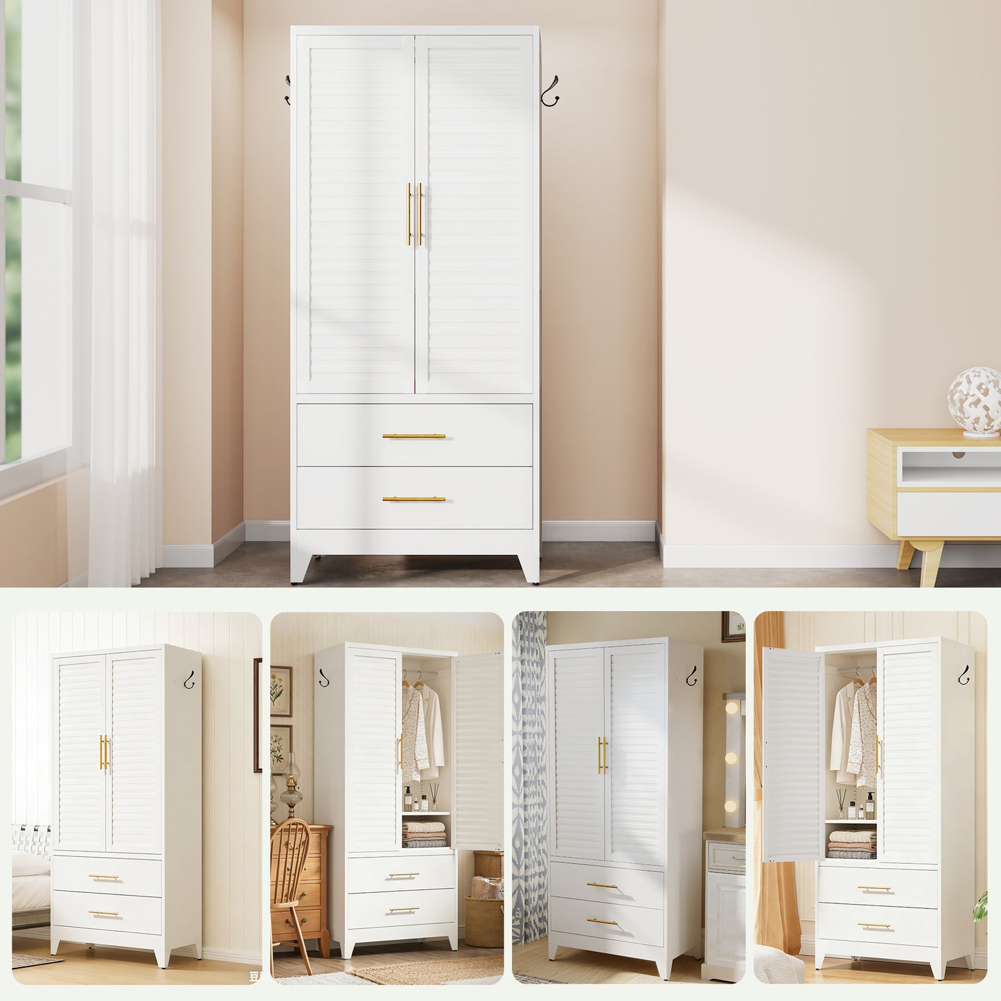 White Metal Wardrobe Closet with 2 Doors and Drawers, 71″ Tall Storage Cabinet for Bedroom, Lightweight Portable Closet for Small Apartments, Dorm, Renters, Cold Rolled Steel, Easy Assembly image 9