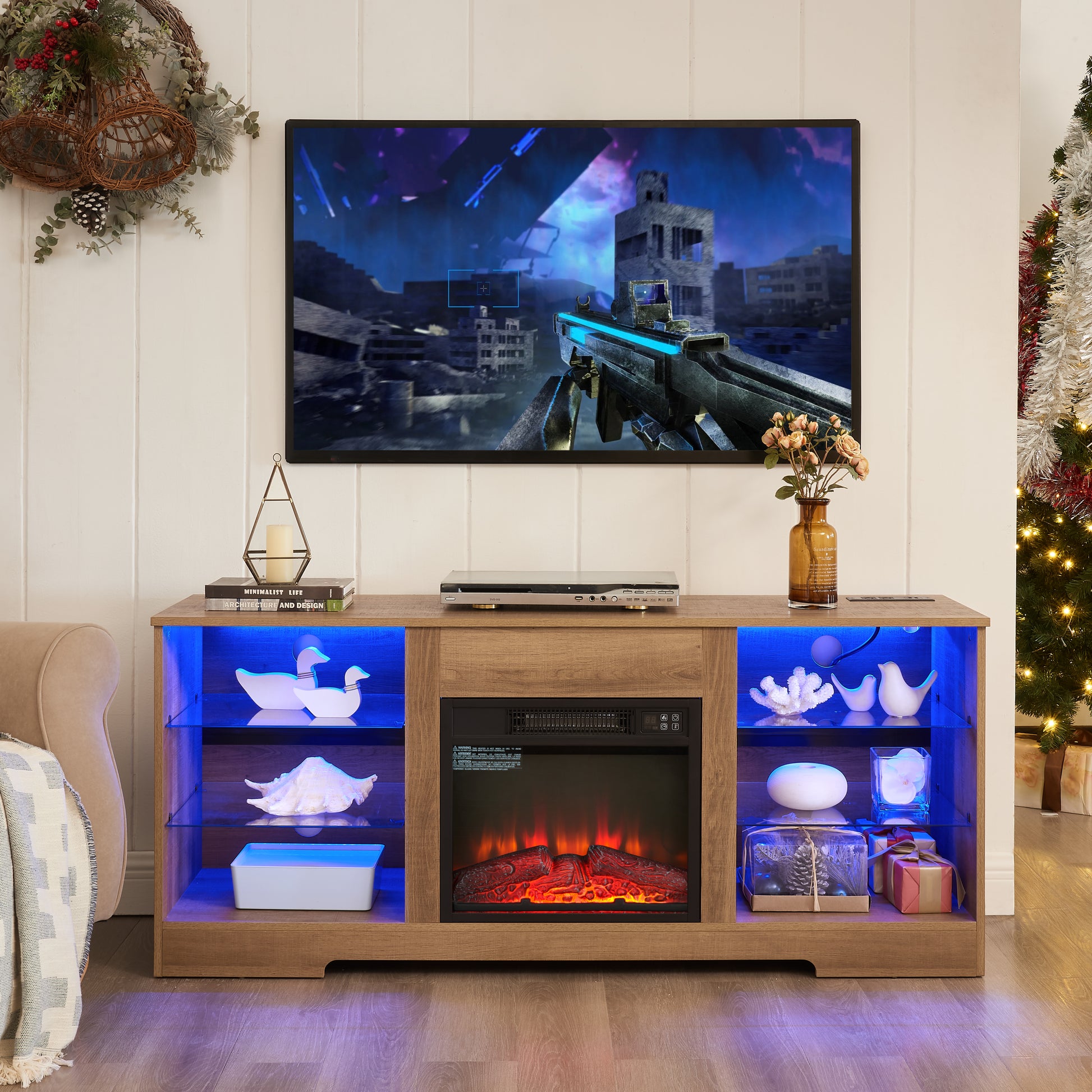 TV Stand Electric Fireplace TV Stand with Glass Shelves, 3D Fireplace TV Stand with LED Lights Wood with USB Charging Outlet Modern Television Table Center for TV up to 32-62" OAK 58'W*15.4''D*24.6 image 2