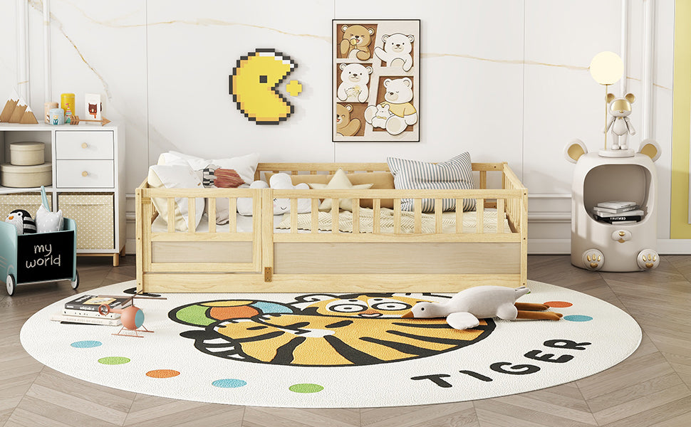 Twin Size Floor bed, integral construction with super high security barrier, door, children's floor bed frame, Montessori wooden children's floor bed, Support slat Natural Wood(Patented model) image 3