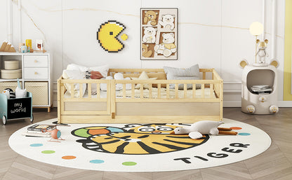 Twin Size Floor bed, integral construction with super high security barrier, door, children's floor bed frame, Montessori wooden children's floor bed, Support slat Natural Wood(Patented model) image 3