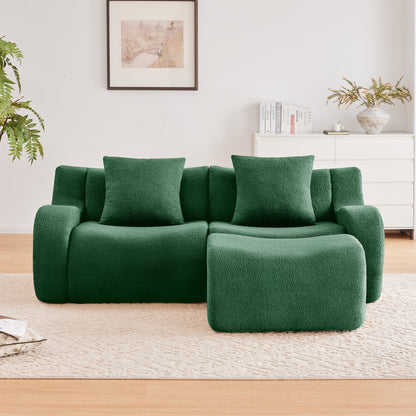 L-Shaped Teddy Fabric 2-Seat Boneless Sofa,No Assembly Required Curved Armrest,Streamlined Design Ergonomic Design,32D High Density Sponge For Living Rooms Rest Areas Bedroom,Green image 3