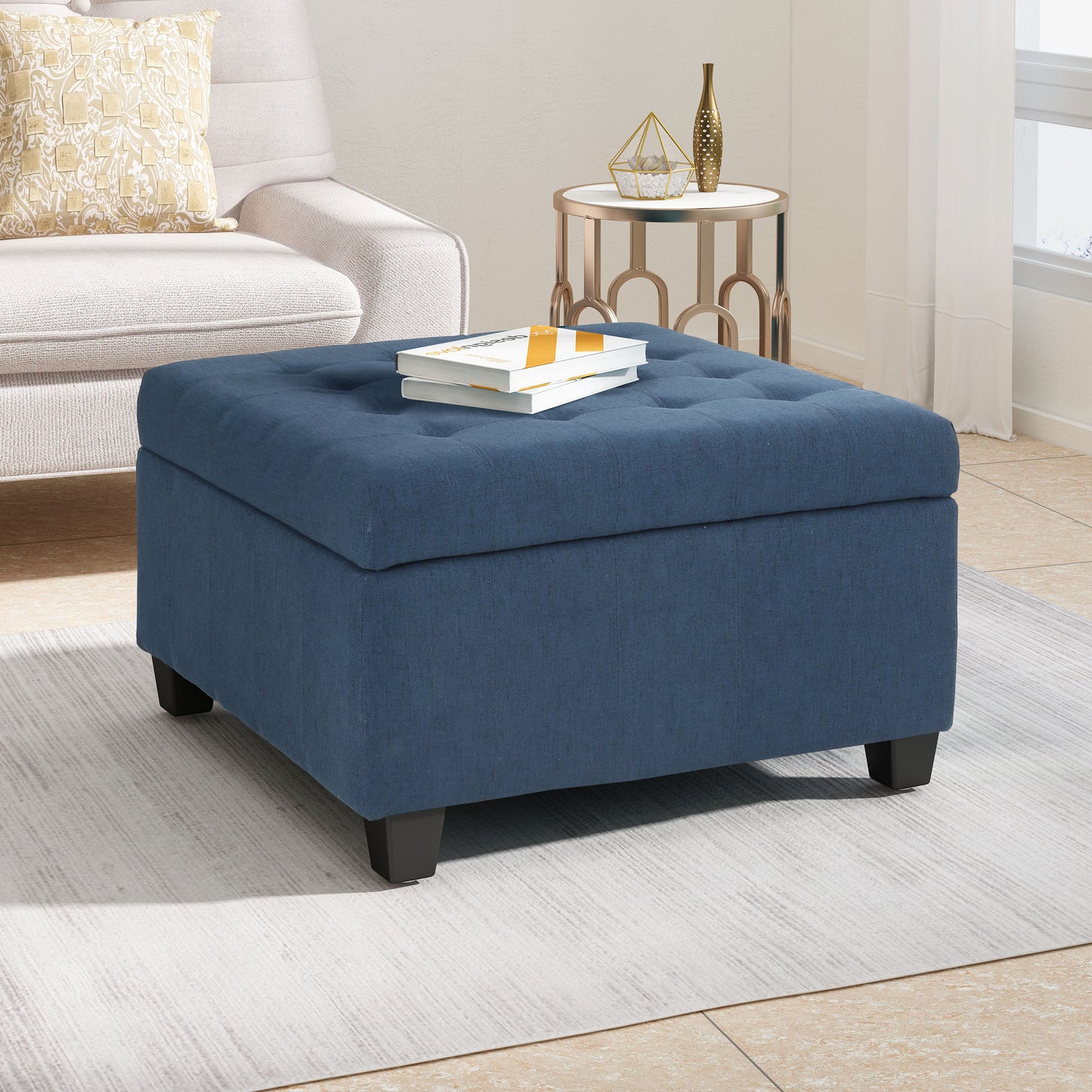 Upholstered Tufted Fabric Storage Ottoman, Navy Blue image 2