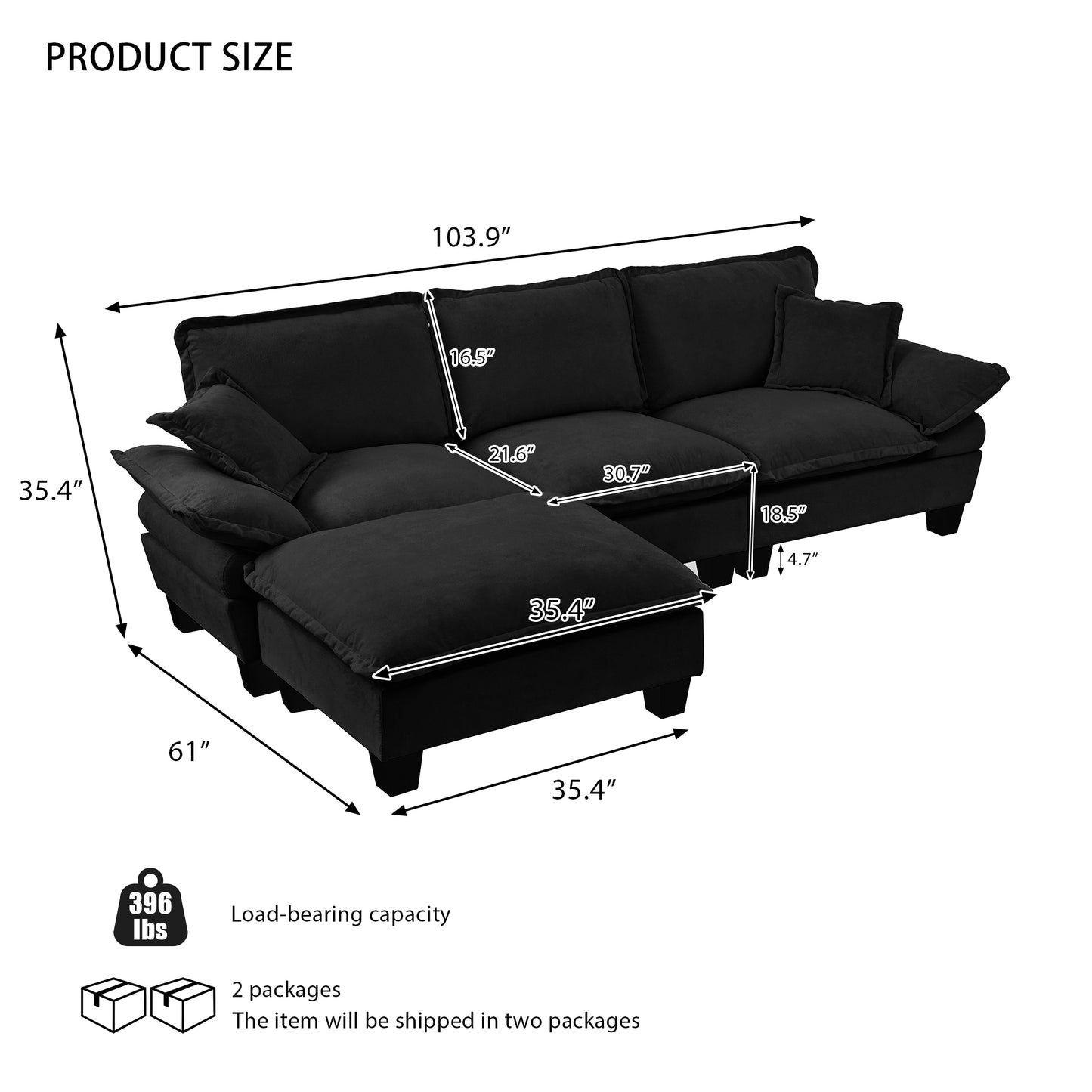 Modular Sectional Sofa, L-Shape Cloud Couch with Sailboat Design, 1 Movable Ottomans & 2 Soft Pillows Included, Comfy Chenille for Apartment Living Room, Black image 2