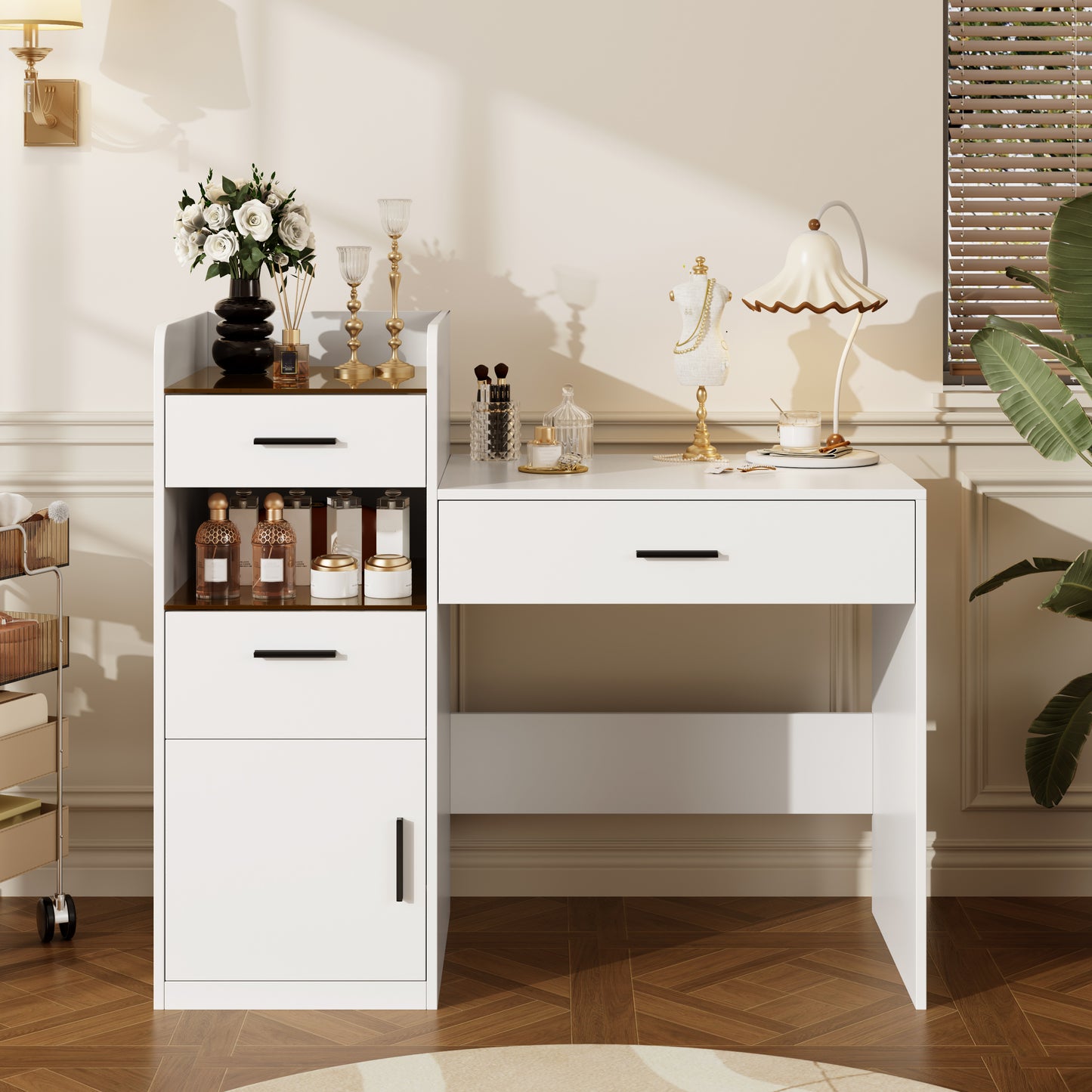 3-in-1 Vanity Desk with Flip Top Mirror, Glass Top Compact Makeup Vanity & Hidden Storage, Vanity Table with 3 Drawers and Cabinet, Space-Saving Dressing Tablefor Bedroom, White image 2