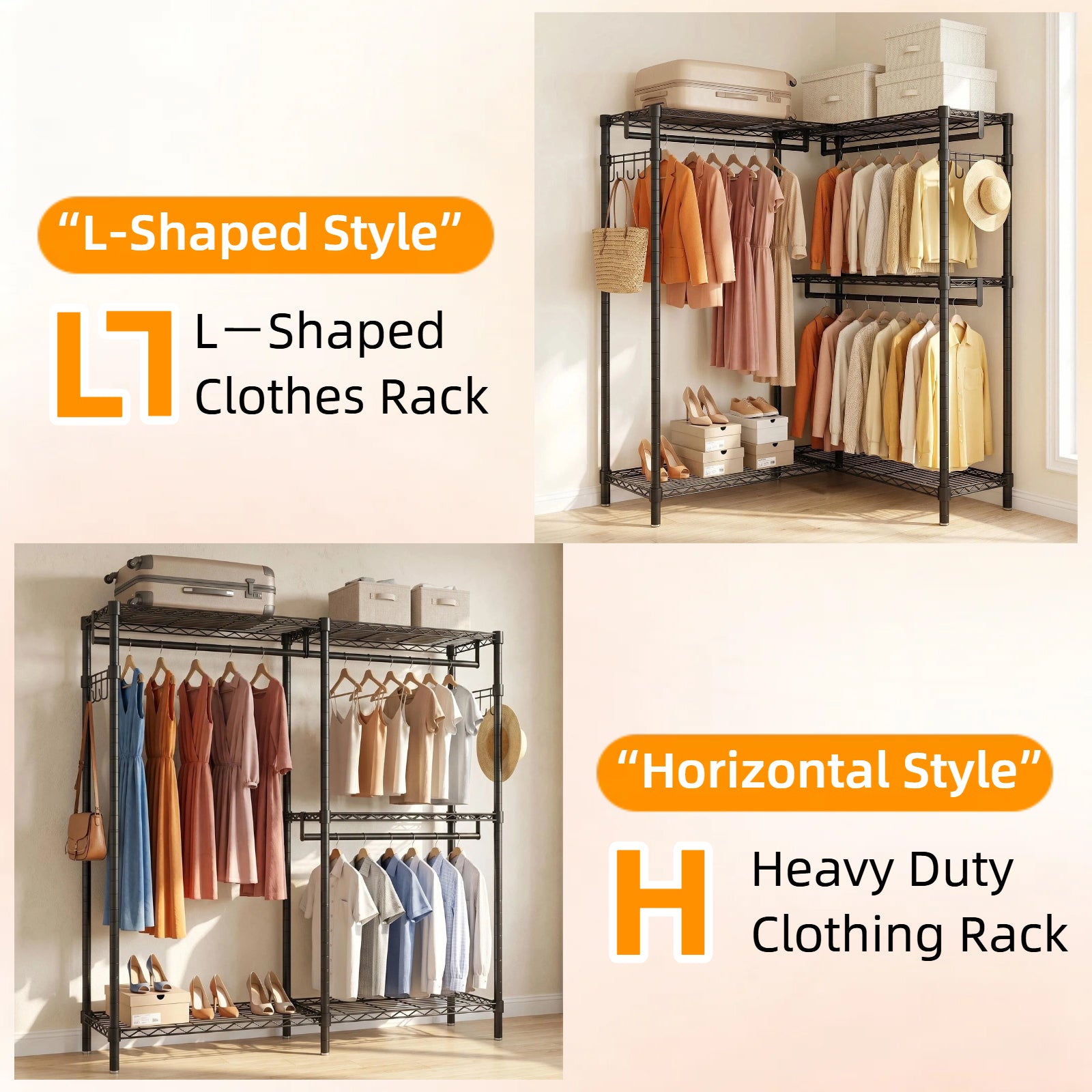 Garment Rack L Shaped Clothes Rack for Corner, Heavy Duty Clothes Rack with 3 Hanging Rods & 2 Side Hooks, Freestanding Clothing Racks for Hanging Clothes, 58.27''Wx 17.13''D*76.38''H, Black image 10