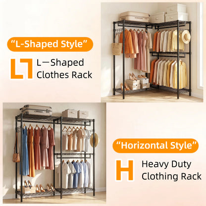 Garment Rack L Shaped Clothes Rack for Corner, Heavy Duty Clothes Rack with 3 Hanging Rods & 2 Side Hooks, Freestanding Clothing Racks for Hanging Clothes, 58.27''Wx 17.13''D*76.38''H, Black image 10