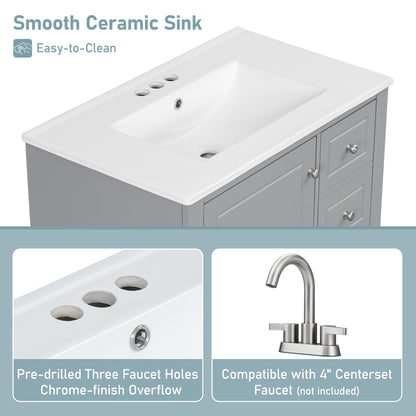 30" Bathroom Vanity with Sink, One Door with Shelf and Three Drawers, Soft Close Door, Grey image 7