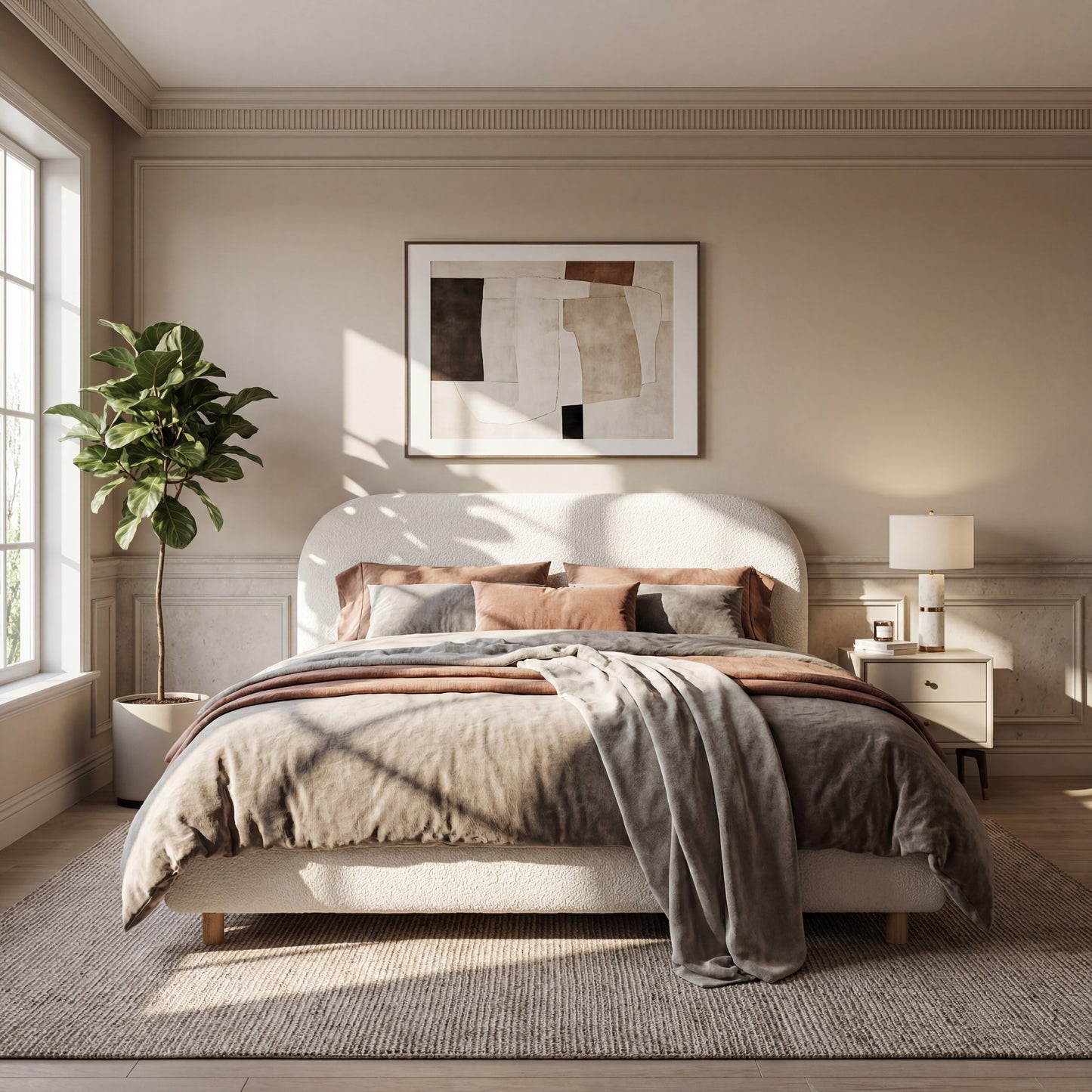 Queen Size Upholstered Bed With Boucle Fabric,Curved-Shape Design Thick Headboard, Solid Wood Legs,White image 2
