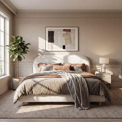 Queen Size Upholstered Bed With Boucle Fabric,Curved-Shape Design Thick Headboard, Solid Wood Legs,White image 2