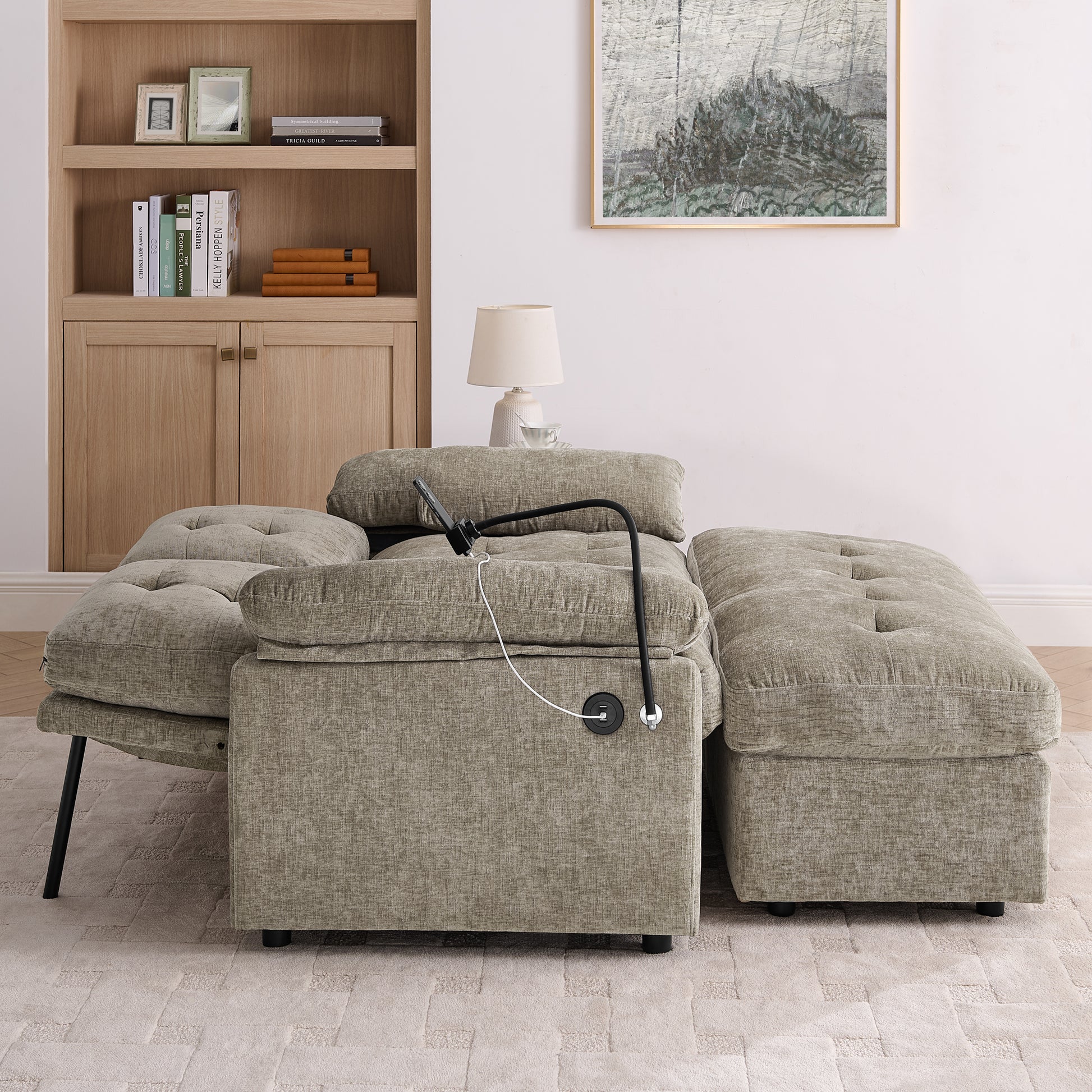 Leisure sofa chair,Double sofa recliner, with manually adjustable backrest, soft padded armrests, side USB charging port and phone stand, comes with a matching storage ottoman-Brown image 5
