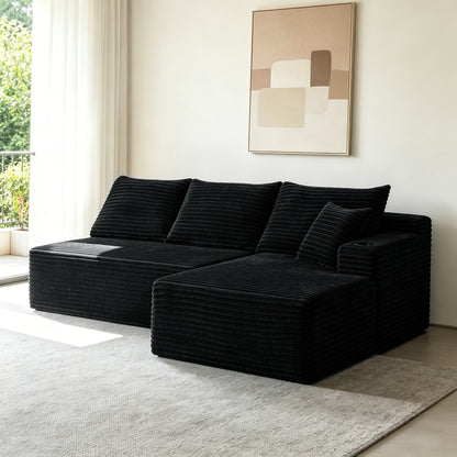 96" Cloud Sectional Couch with L-Shape Chaise,Modern Modular Sofa with Deep Seat, Upholstered Couches for Living Room Bedroom,No Assembly Required and Cup holde, (Plush Fabric),Black image 1