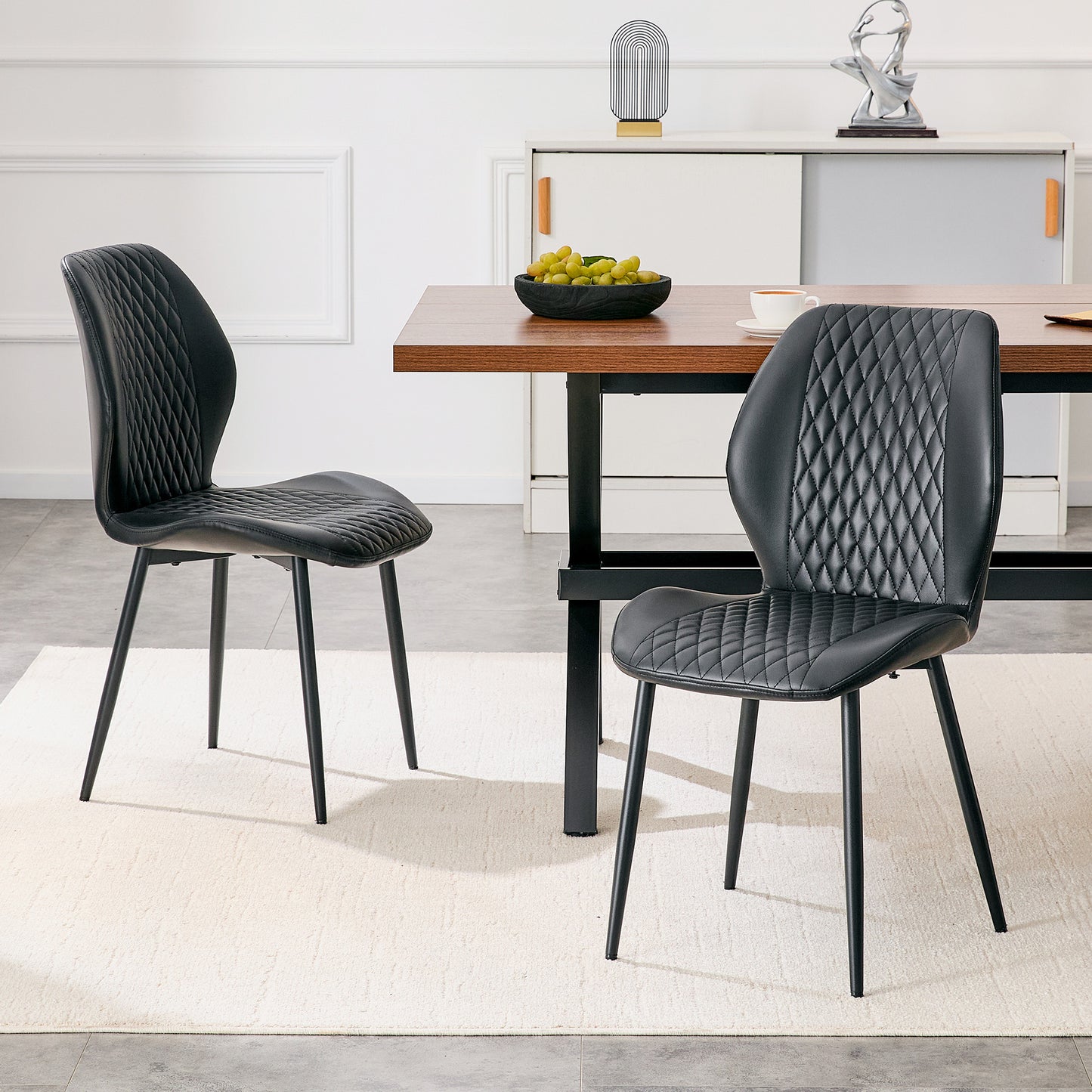 Set of 4 modern light luxury black diamond-quilted PU chairs with black metal legs. Suitable as upholstered dining chairs with backrests for home dining rooms, adaptable to a wide range of scenarios. image 6